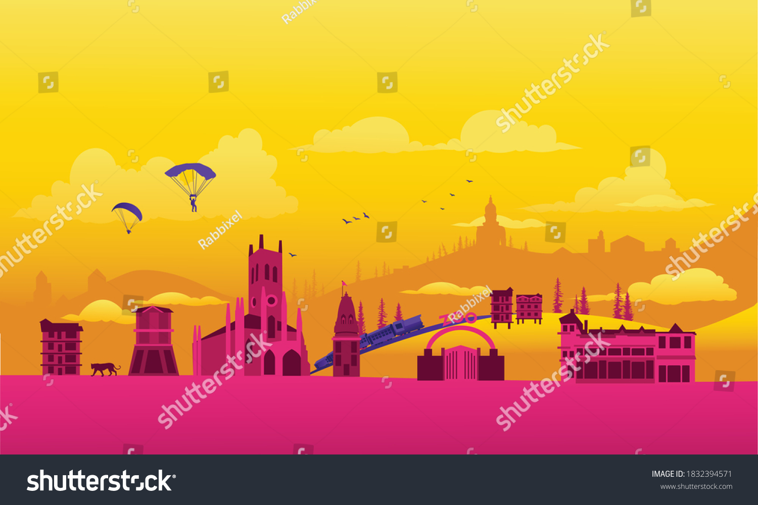 Vector Cartoon Illustration Himachal Pradesh Skyline Stock Vector ...