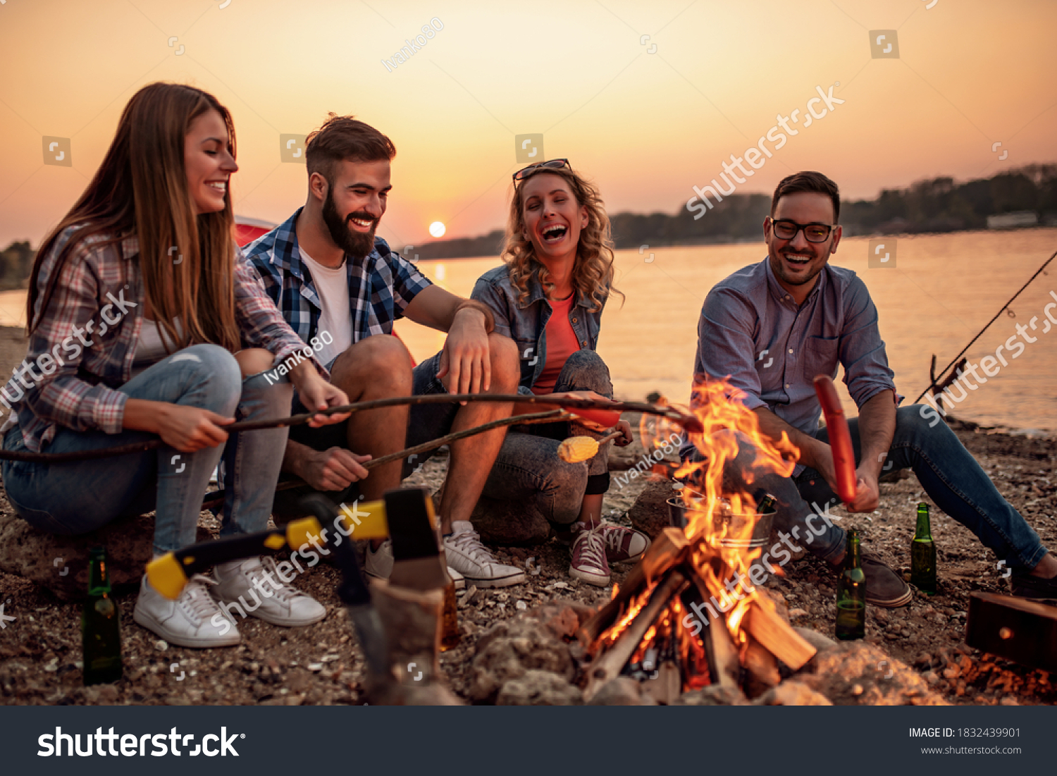 Group People On Camping Sitting Around Stock Photo 1832439901 ...