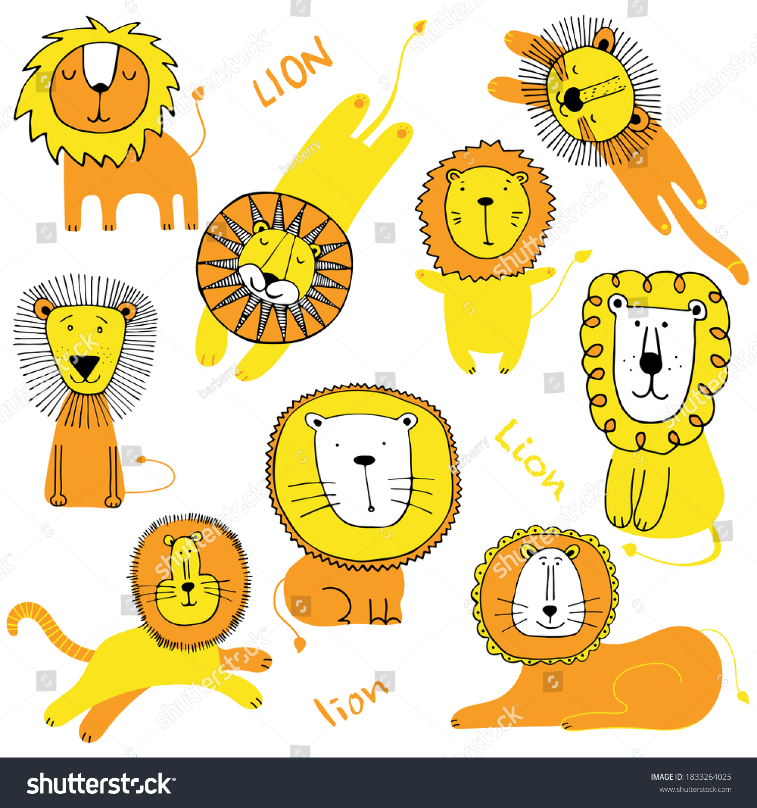 Collection Funny Lions Drawing Print Tshirt Stock Vector (Royalty Free