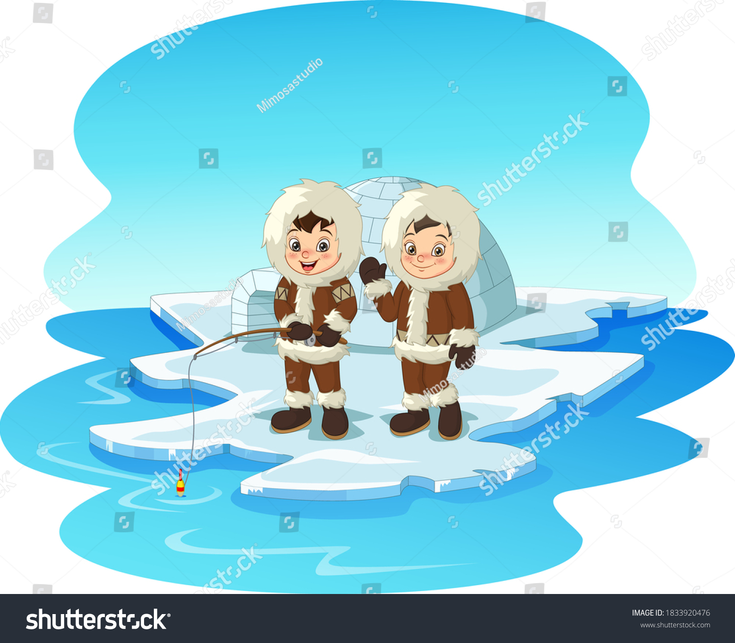 Cartoon Arctic Eskimo Kids Fishing On Stock Vector (Royalty Free ...