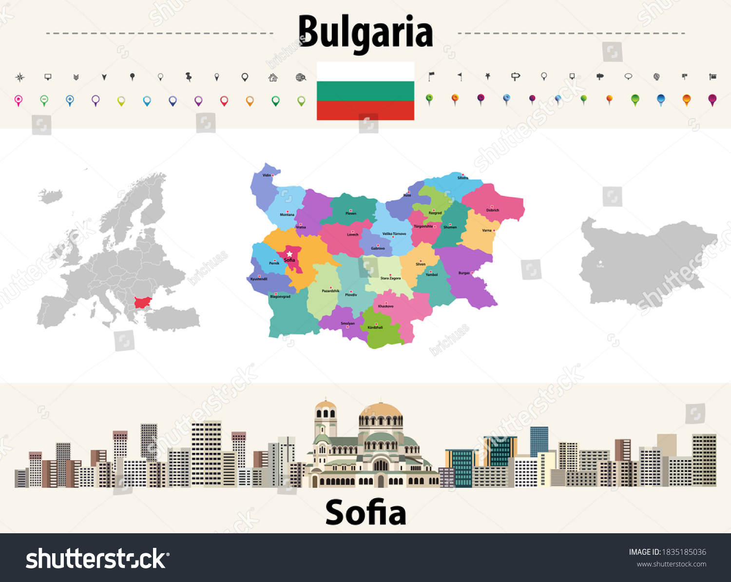 4 441 Bulgaria Political Map Images Stock Photos Vectors Shutterstock   Stock Vector Bulgaria Provinces Vector Map With Capital Cities Sofia Cityscape Bulgaria Flag 1835185036 