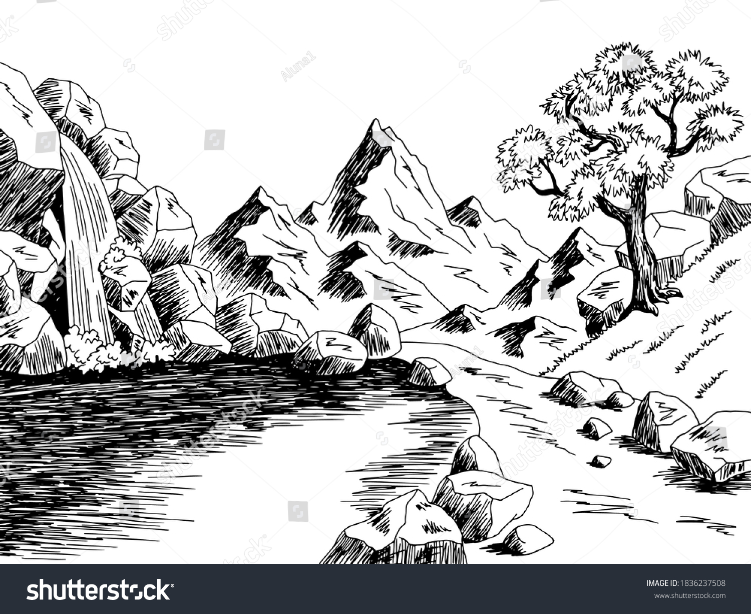 Waterfall Pond Graphic Black White Landscape Stock Vector (Royalty Free ...