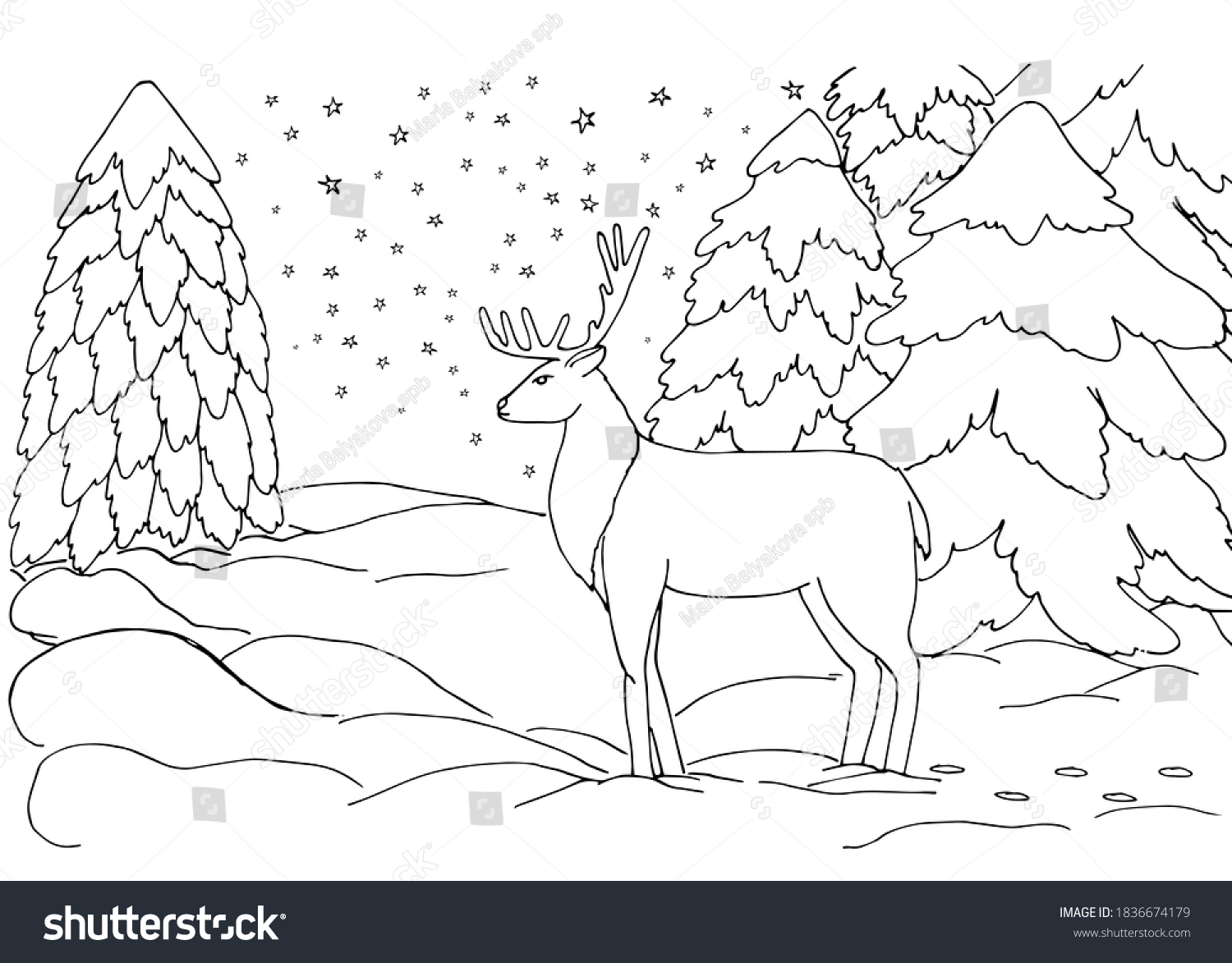 Coloring Deer Snow Trees Snowdrifts Stars Stock Vector (Royalty Free