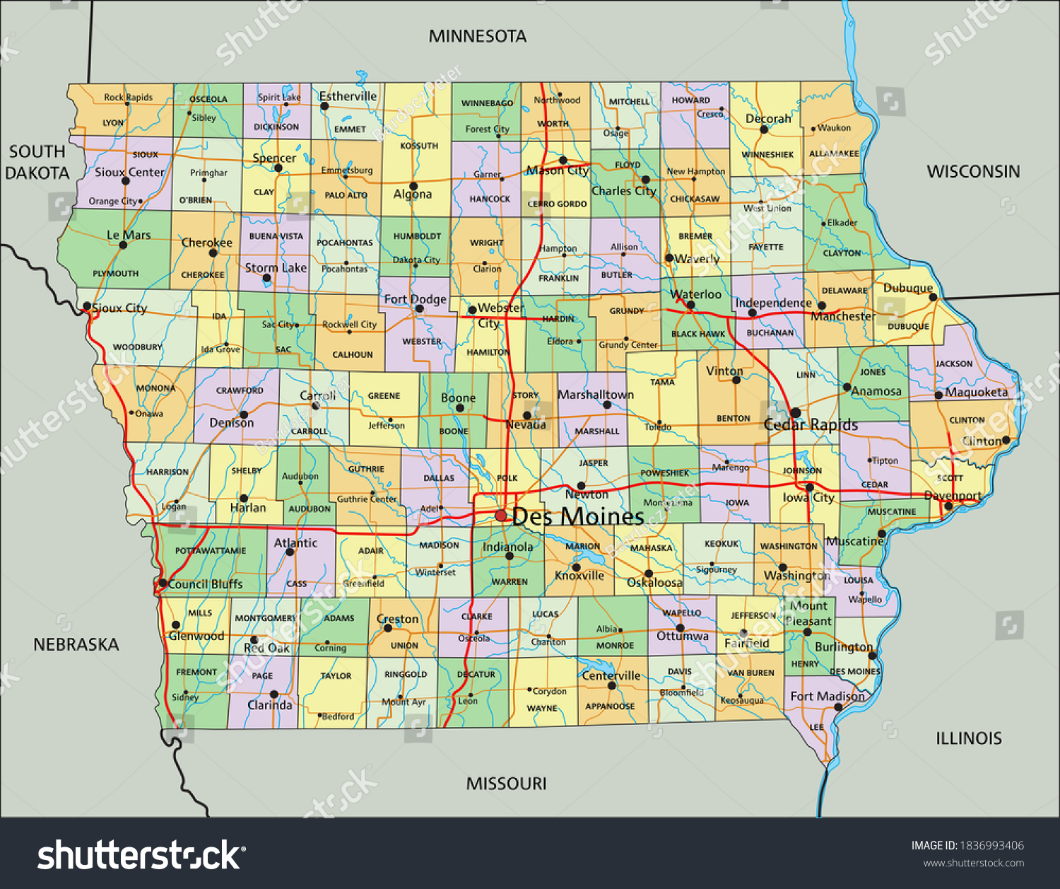 Iowa Highly Detailed Editable Political Map Stock Vector (Royalty Free ...