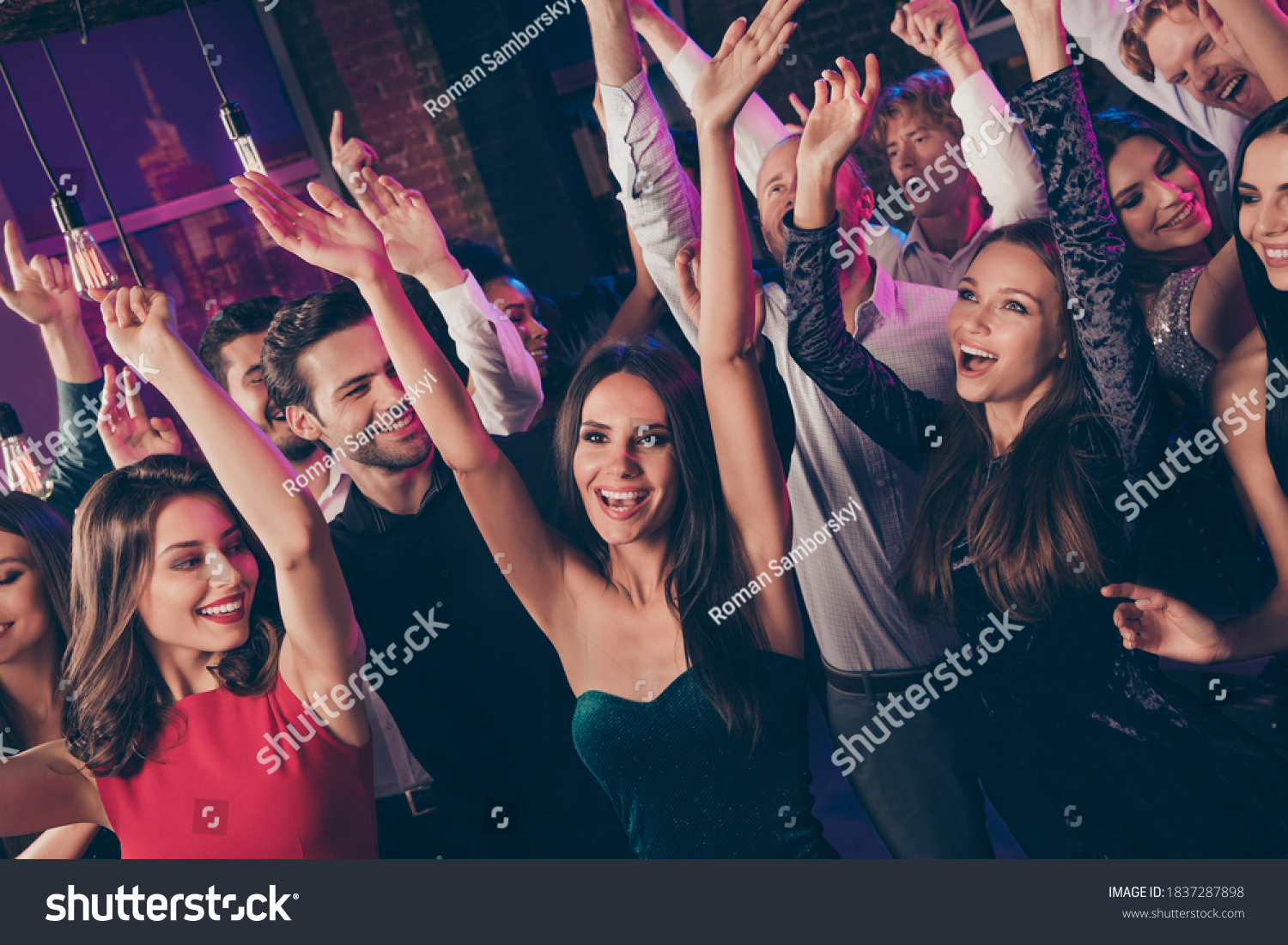 Photo Portrait Happy People Raising Hands Stock Photo 1837287898 ...