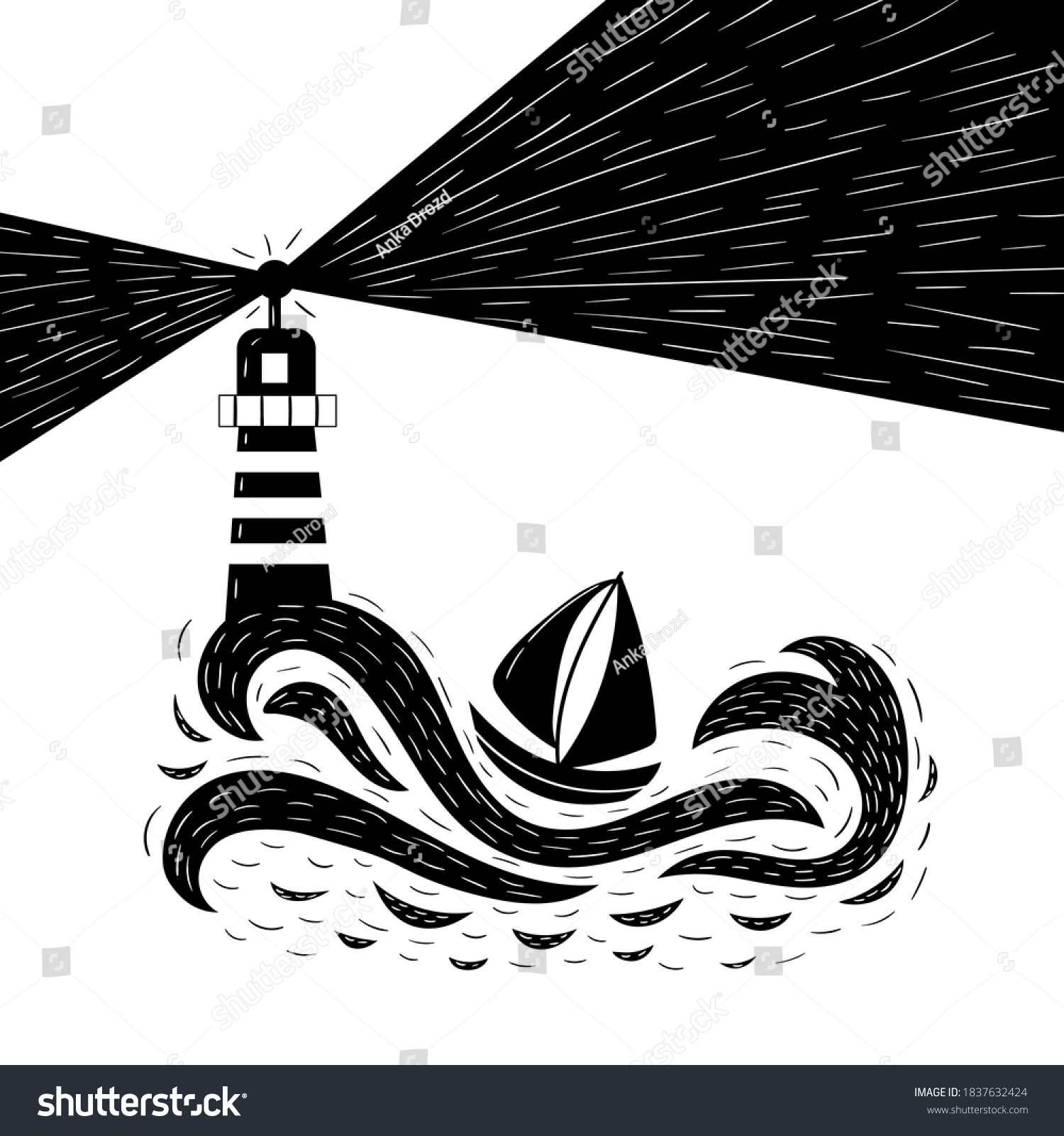 Storm Sea Lighthouse Shines On Ship Stock Vector (Royalty Free ...