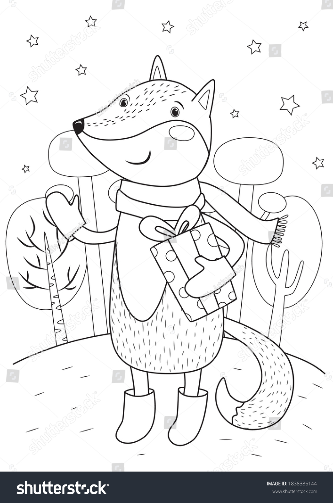 Christmas Fox Gift Box Coloring Page Stock Vector (Royalty Free