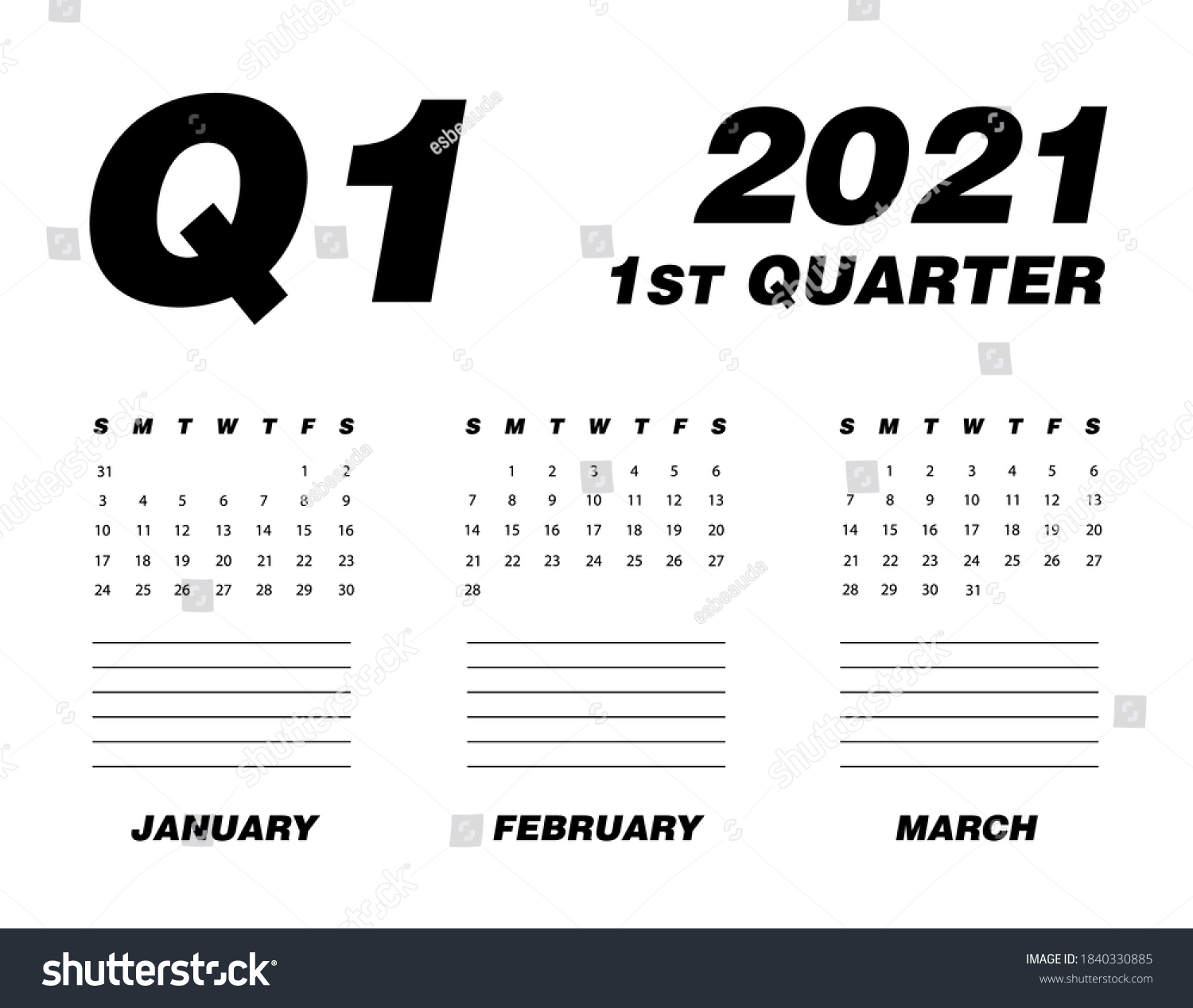 First Quarter Calendar 2021 Stock Vector (Royalty Free) 1840330885