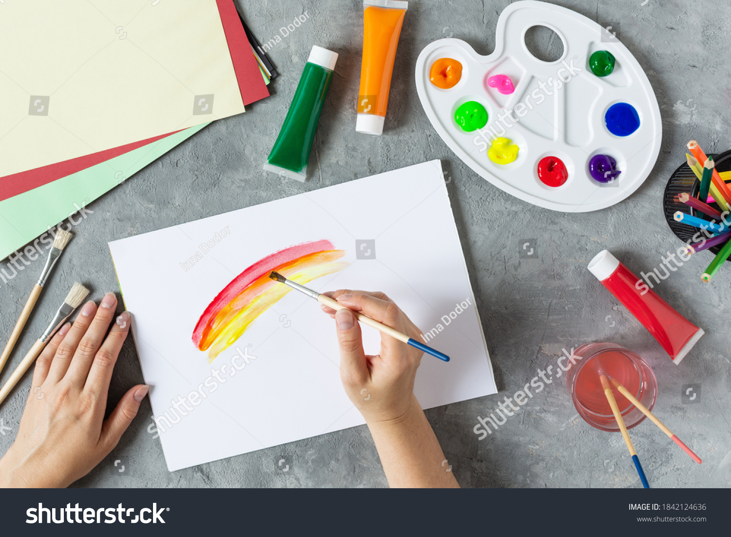 Woman Hand Painting Rainbow Sketchbook Pain Stock Photo 1842124636 ...