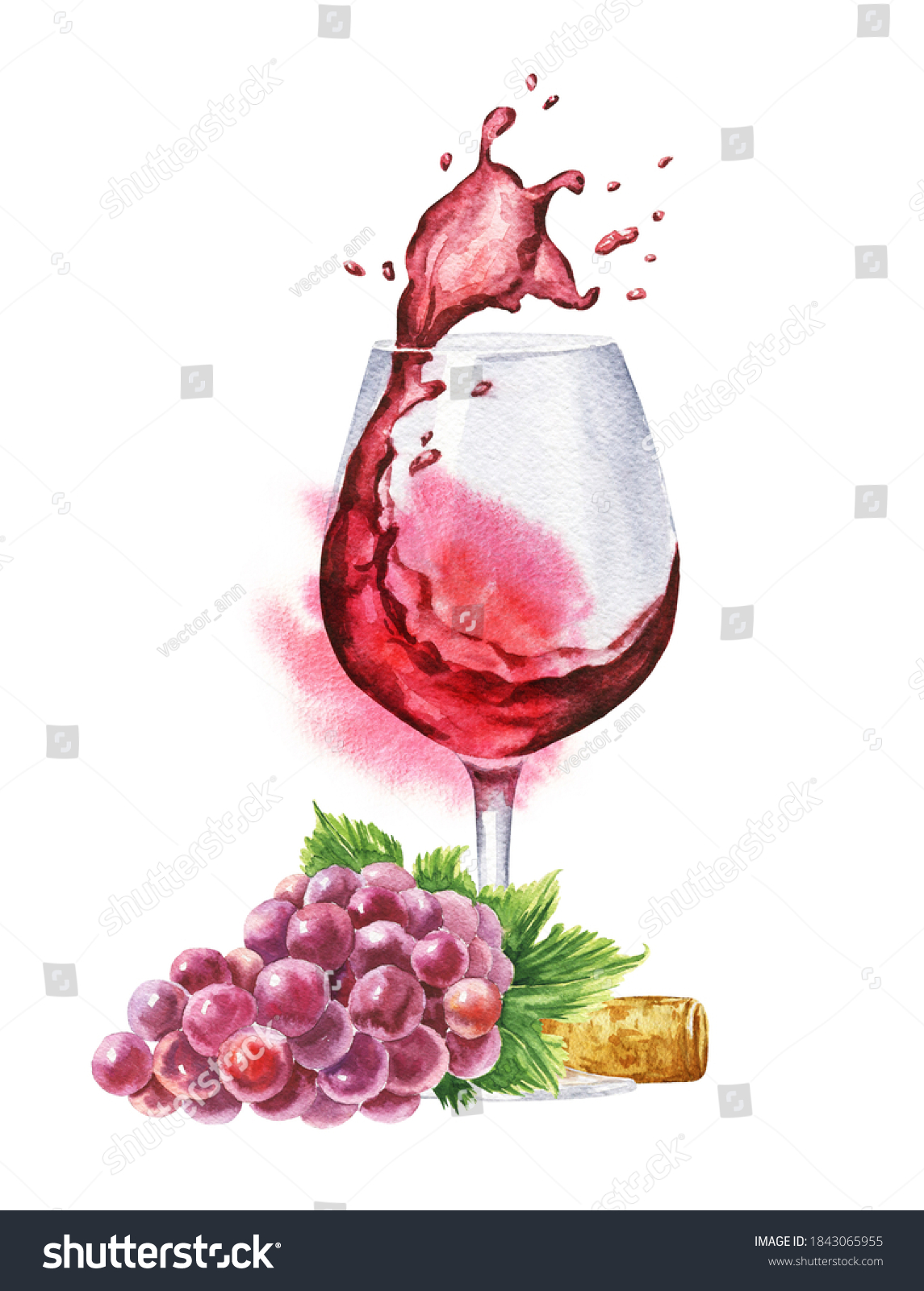 Watercolor Splash Red Wine Glass Grape Stock Illustration 1843065955 ...