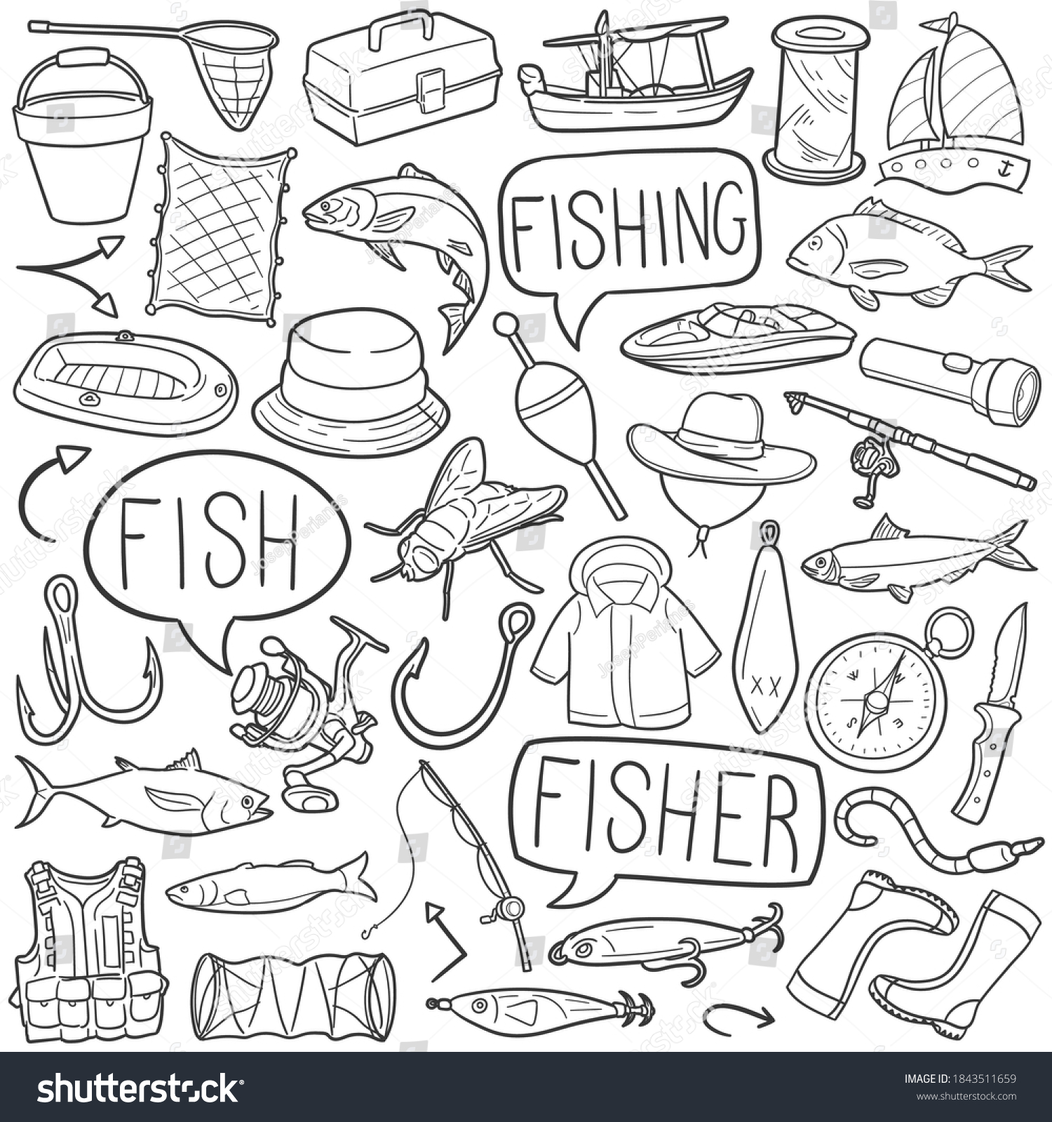 Fishing Doodle Icon Set Fisher Vector Stock Vector (Royalty Free ...