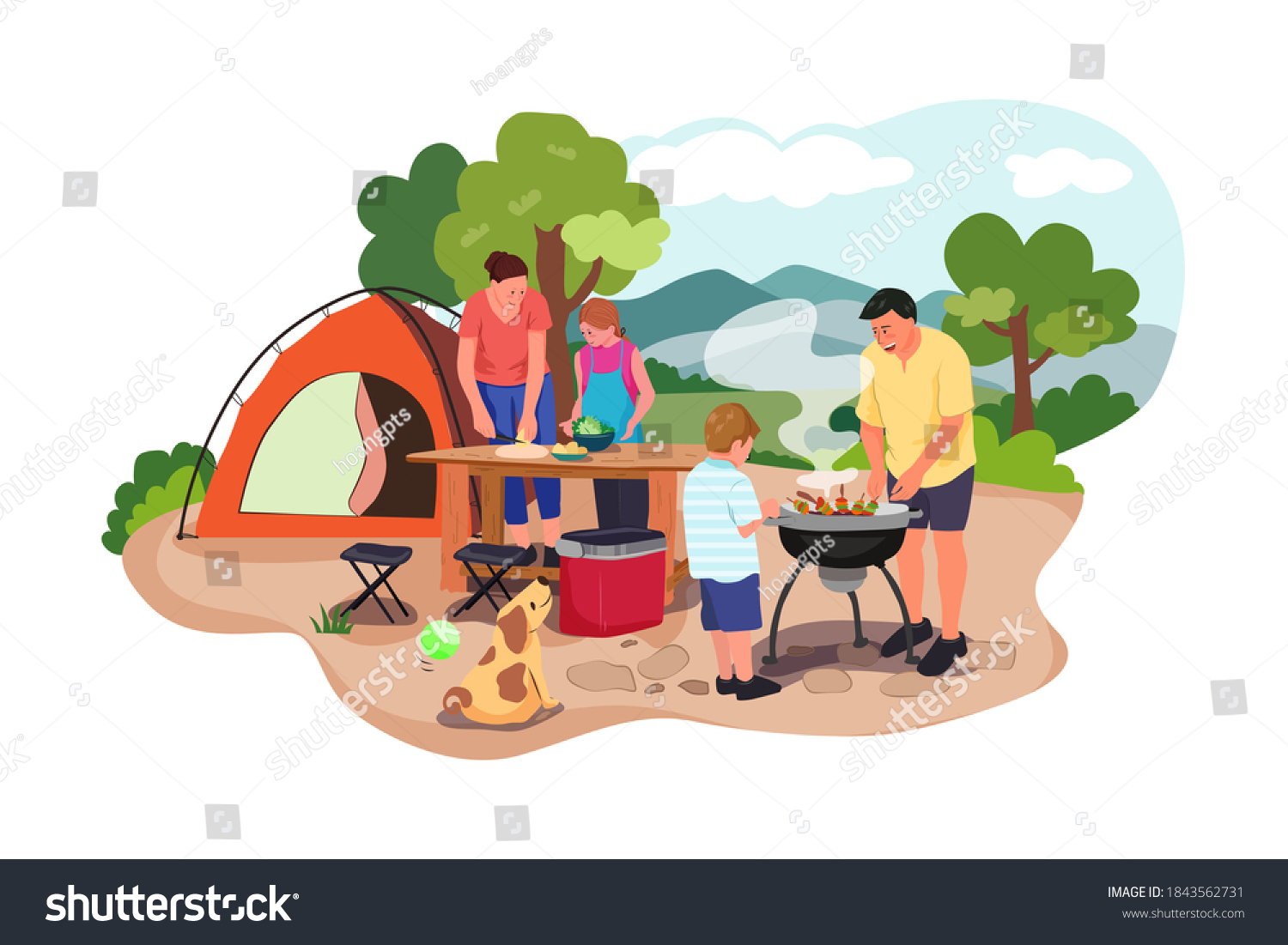 Happy Family Picnic Preparing Barbecue Grill Stock Vector (Royalty Free ...