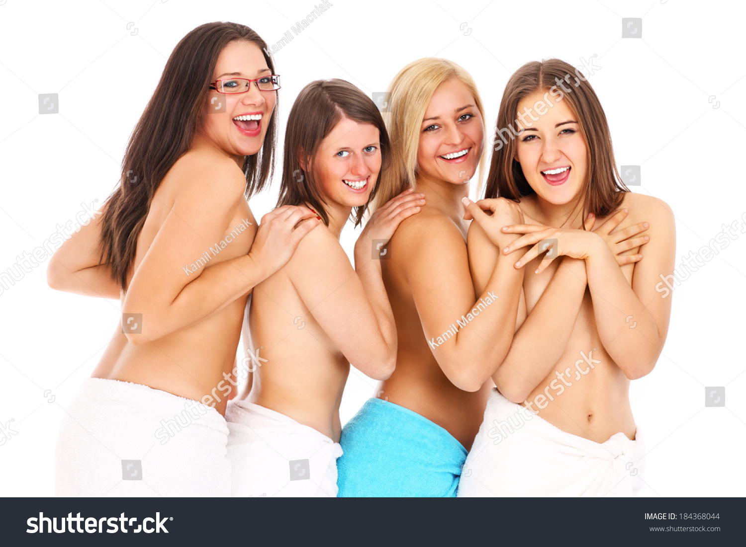 Стоковая фотография 184368044: Group Young Topless Women Towels Shutterstoc...