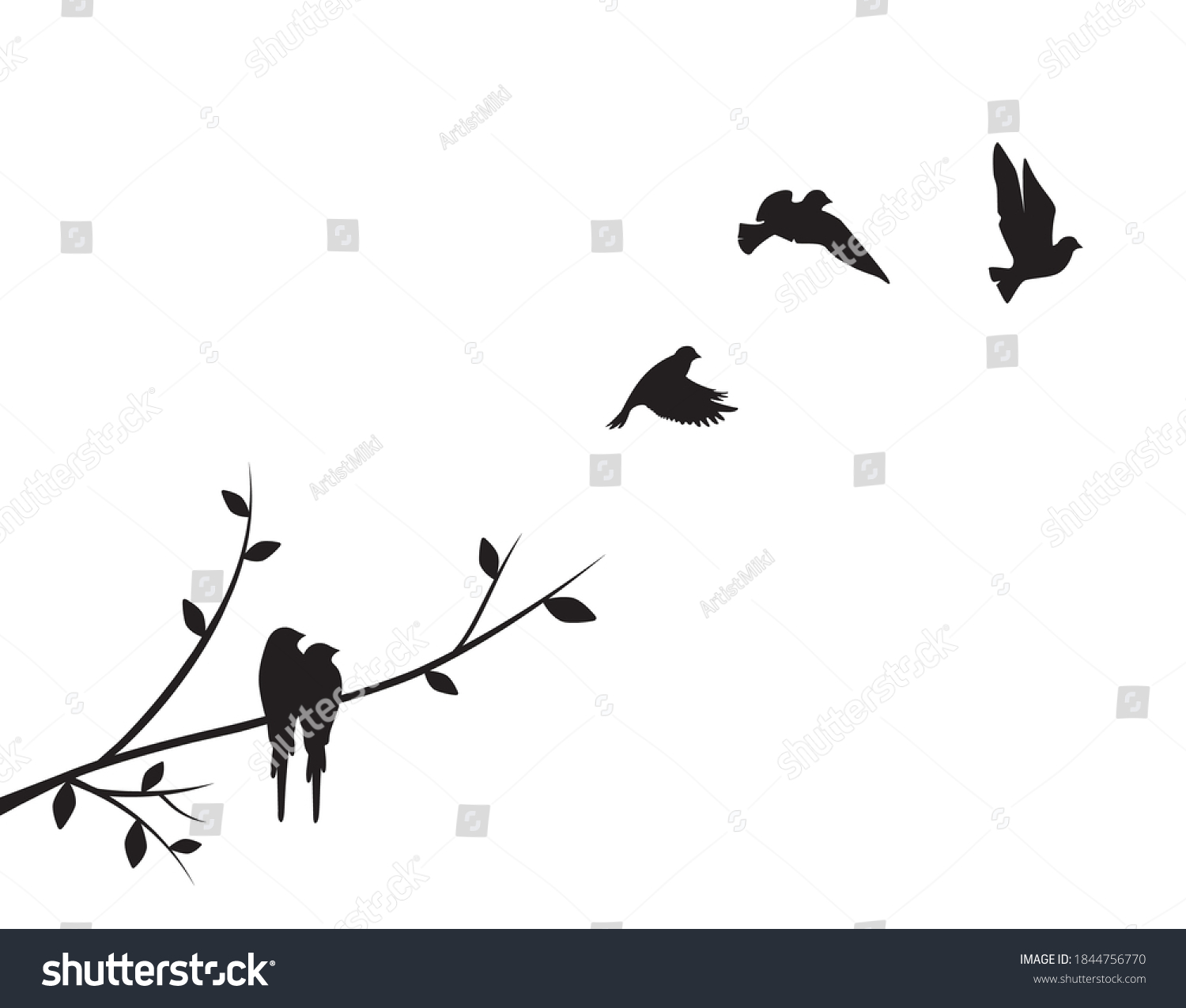 Birds Silhouettes On Branch Flying Birds Stock Vector (Royalty Free ...