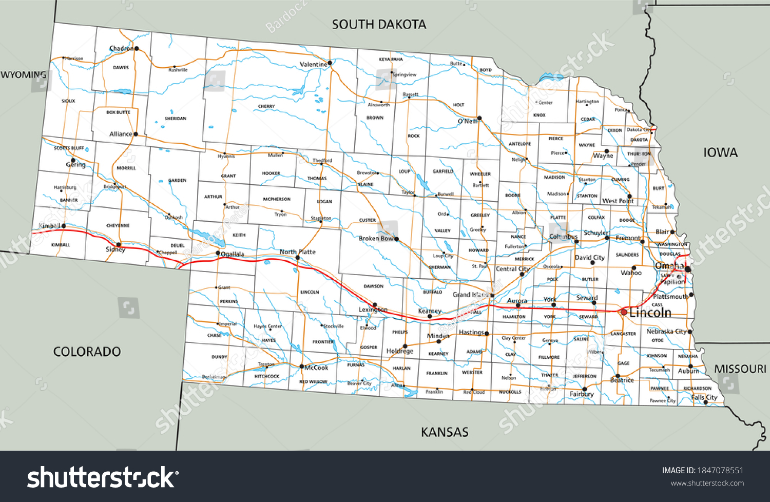 High Detailed Nebraska Road Map Labeling Stock Vector (Royalty Free ...