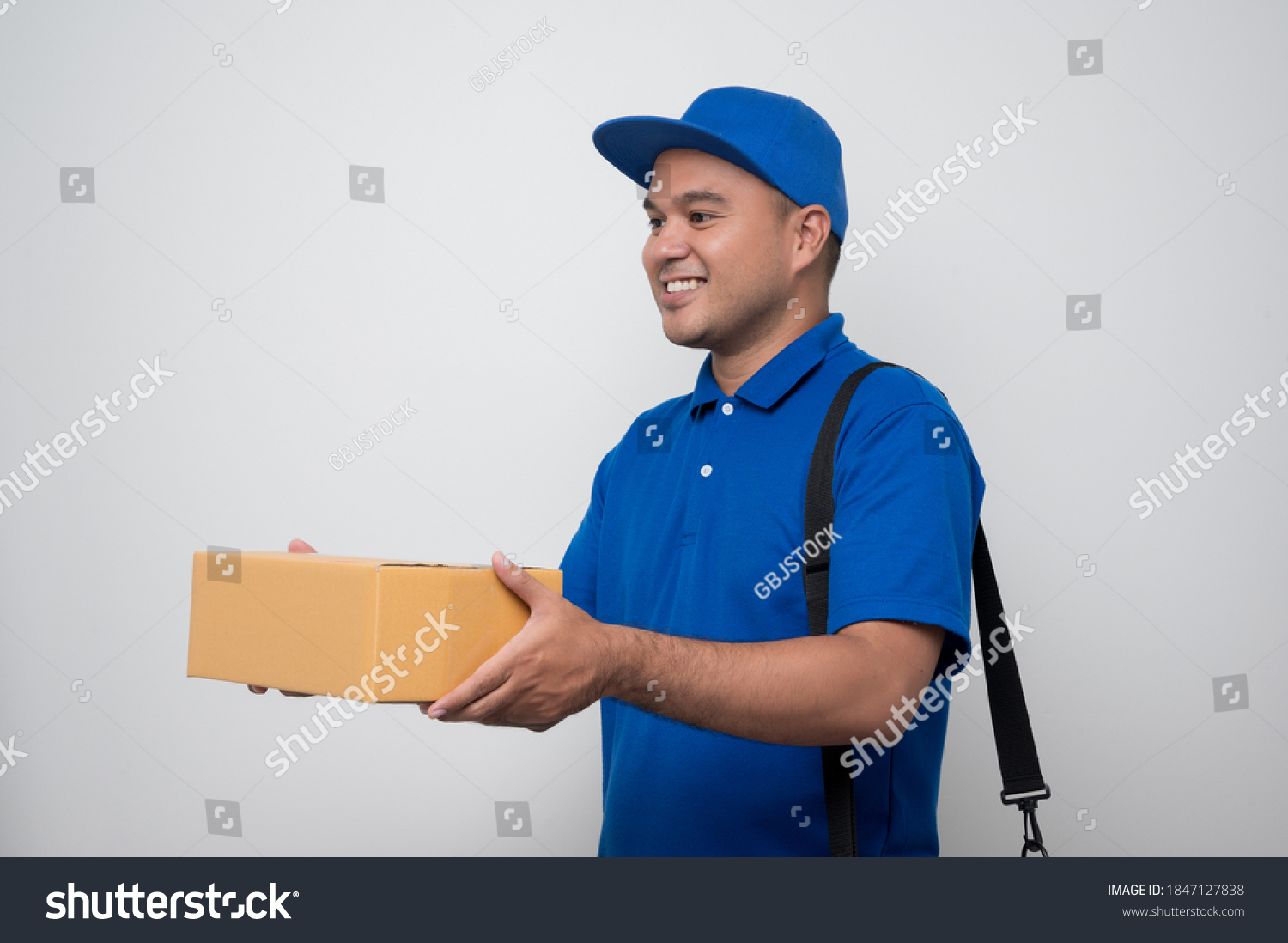 Young Smiling Asian Delivery Man Blue Stock Photo 1847127838 