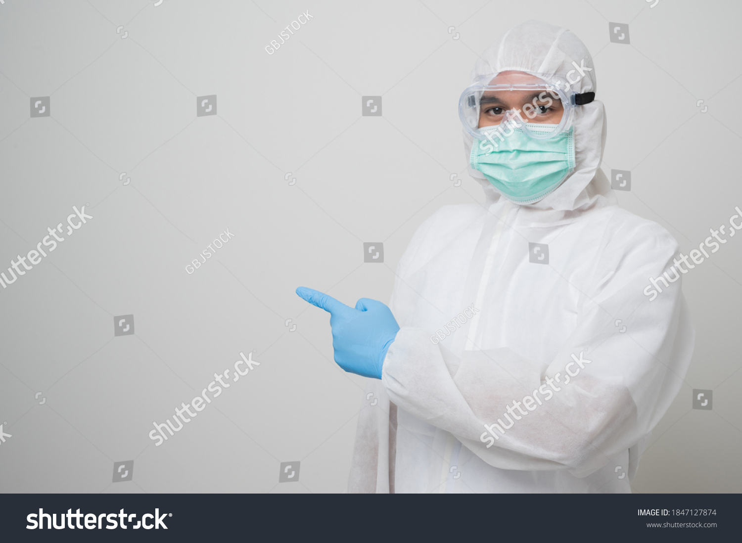 Portrait Virologist Wearing Ppe Suit Pointing Stock Photo 1847127874 