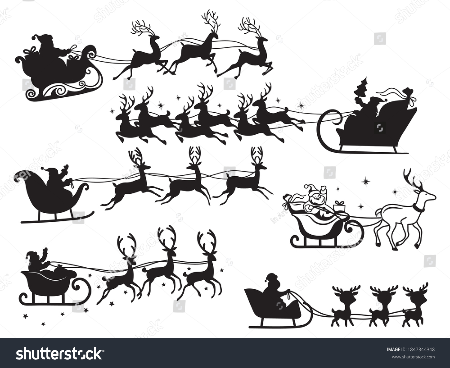 Set Santa Flying Sleigh Reindeer Collection Stock Vector (Royalty Free ...