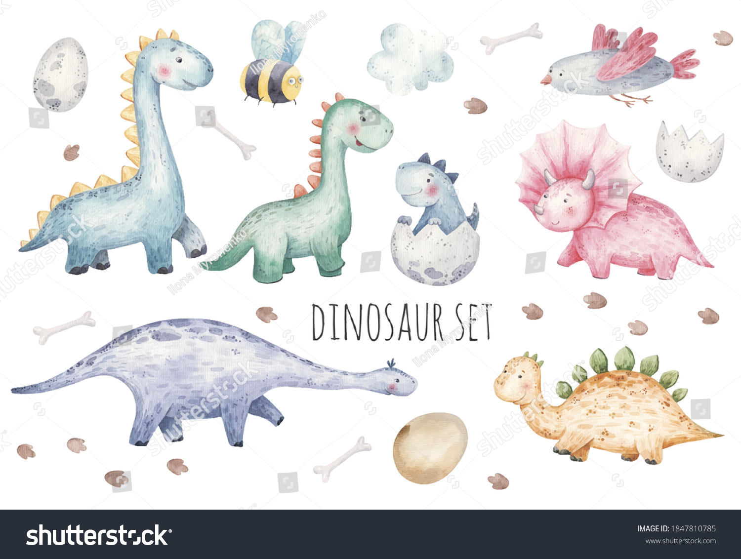 Set Cute Dinosaurs Birds Wasps Footprints Stock Vector (royalty Free 