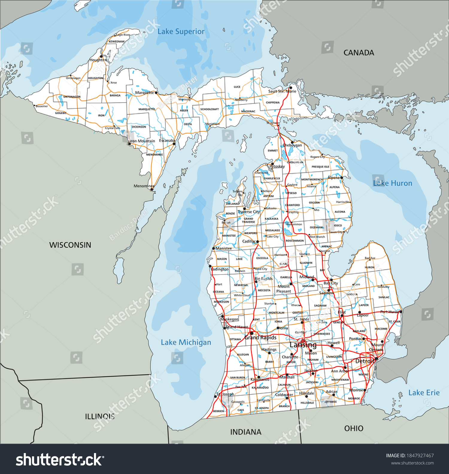 High Detailed Michigan Road Map Labeling Stock Vector (Royalty Free ...