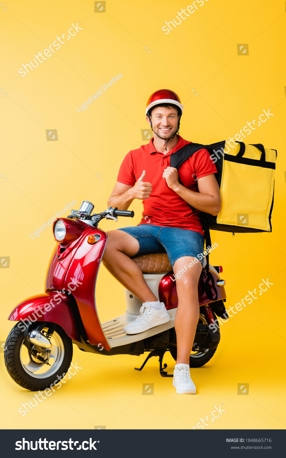 Happy Delivery Man Backpack Sitting On Stock Photo 1848665716 ...