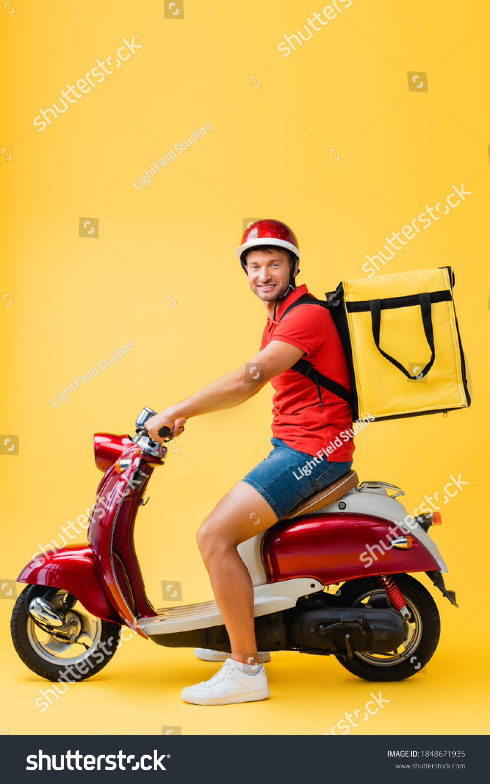 Happy Delivery Man Helmet Backpack Riding Stock Photo 1848671935 ...