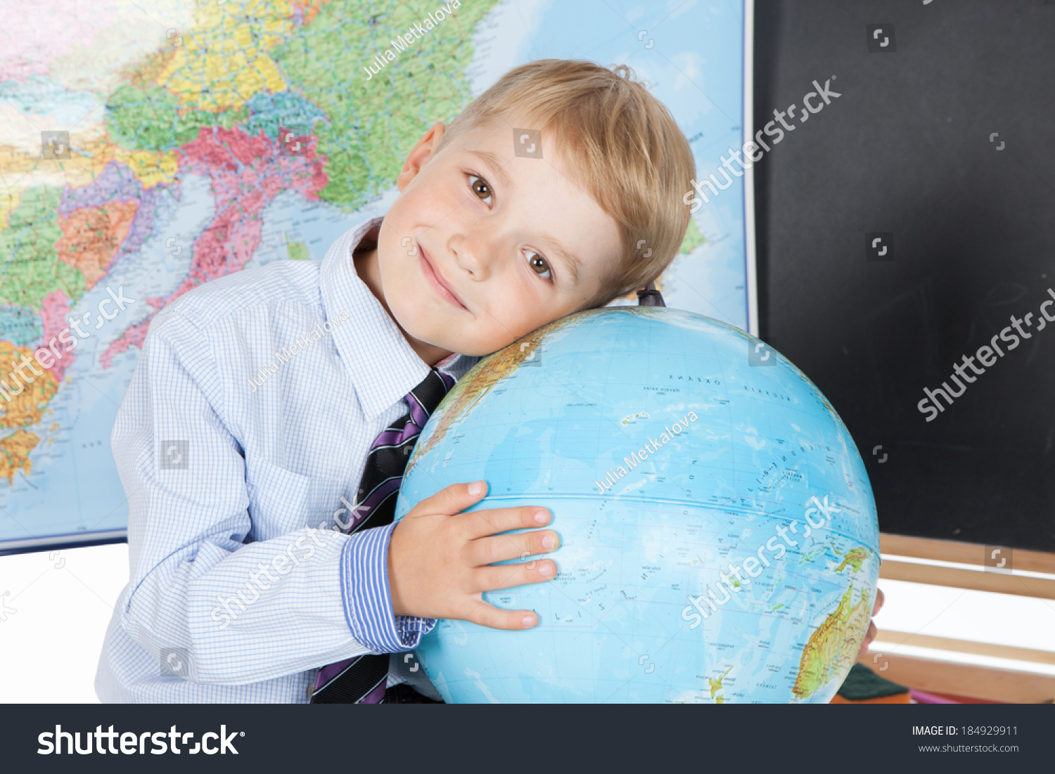 Smiling Preschool Boy Holding Globe Classroom Stock Photo 184929911 ...