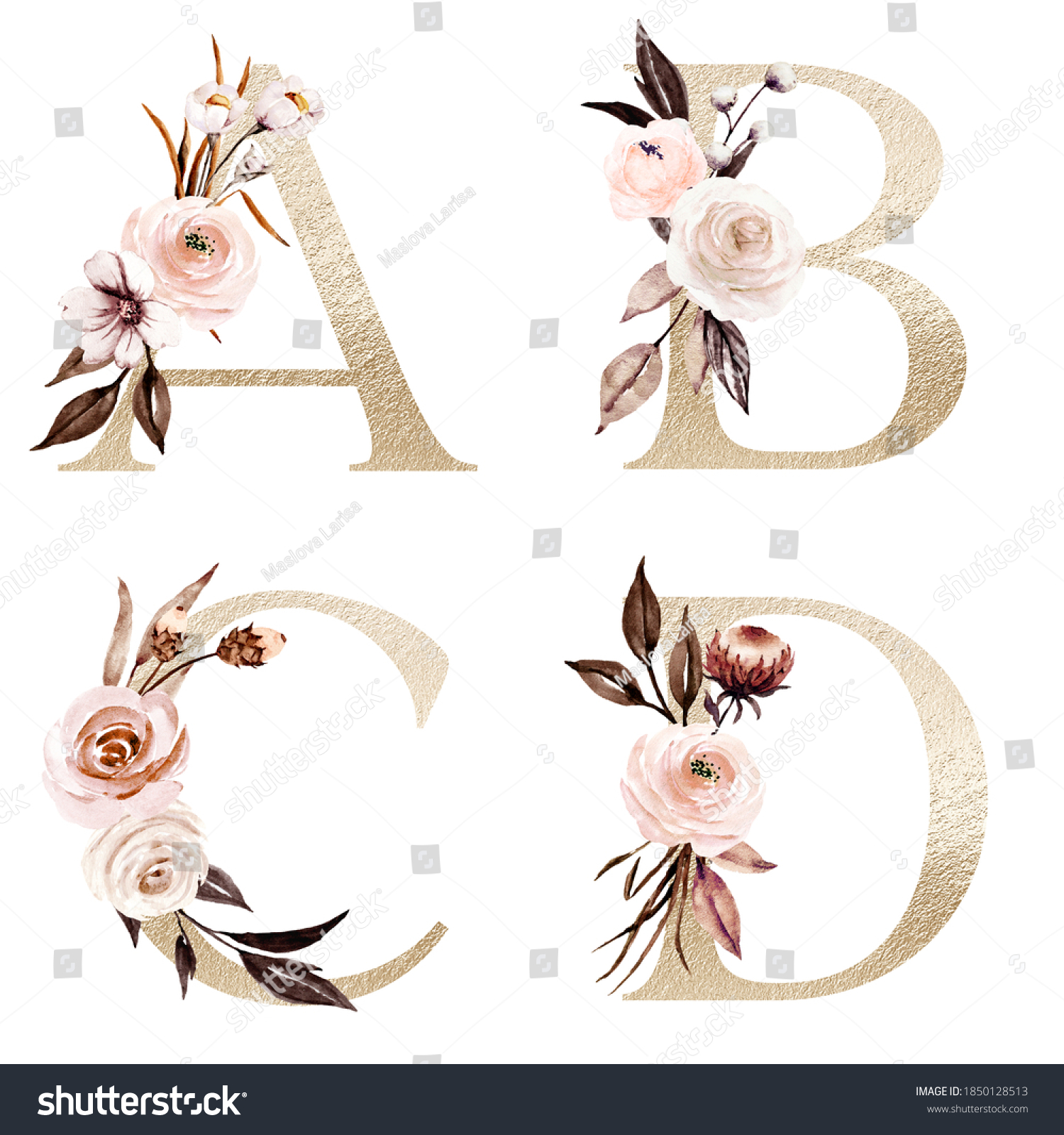 Letters Set Gold Floral Alphabet Watercolor: стоковая иллюстрация ...