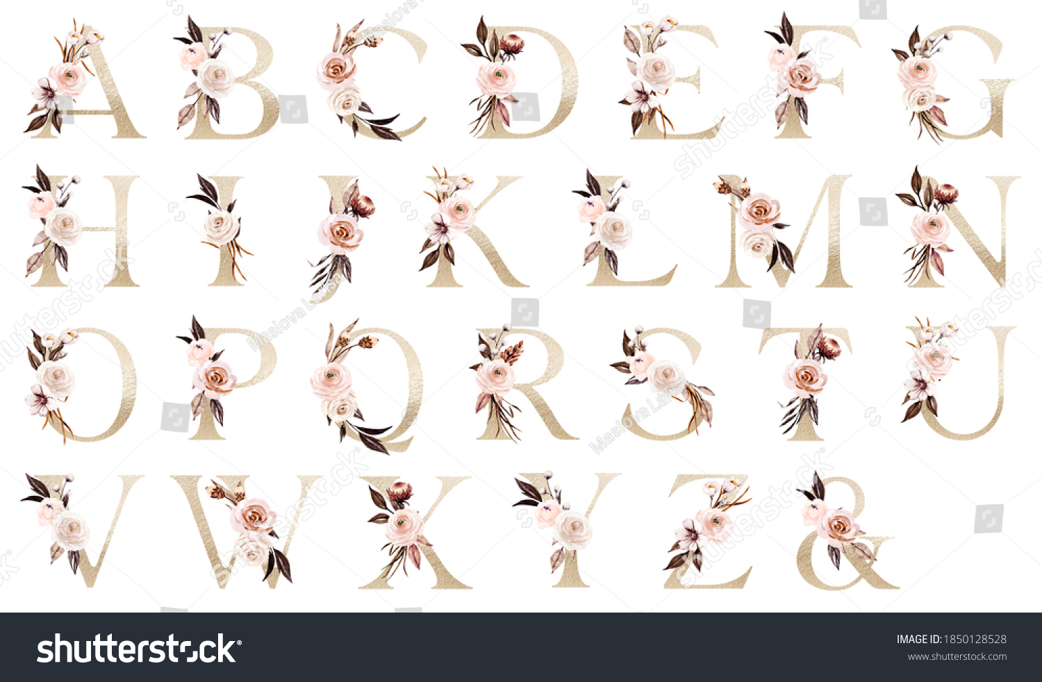 Letters Set Gold Floral Alphabet Watercolor Stock Illustration ...