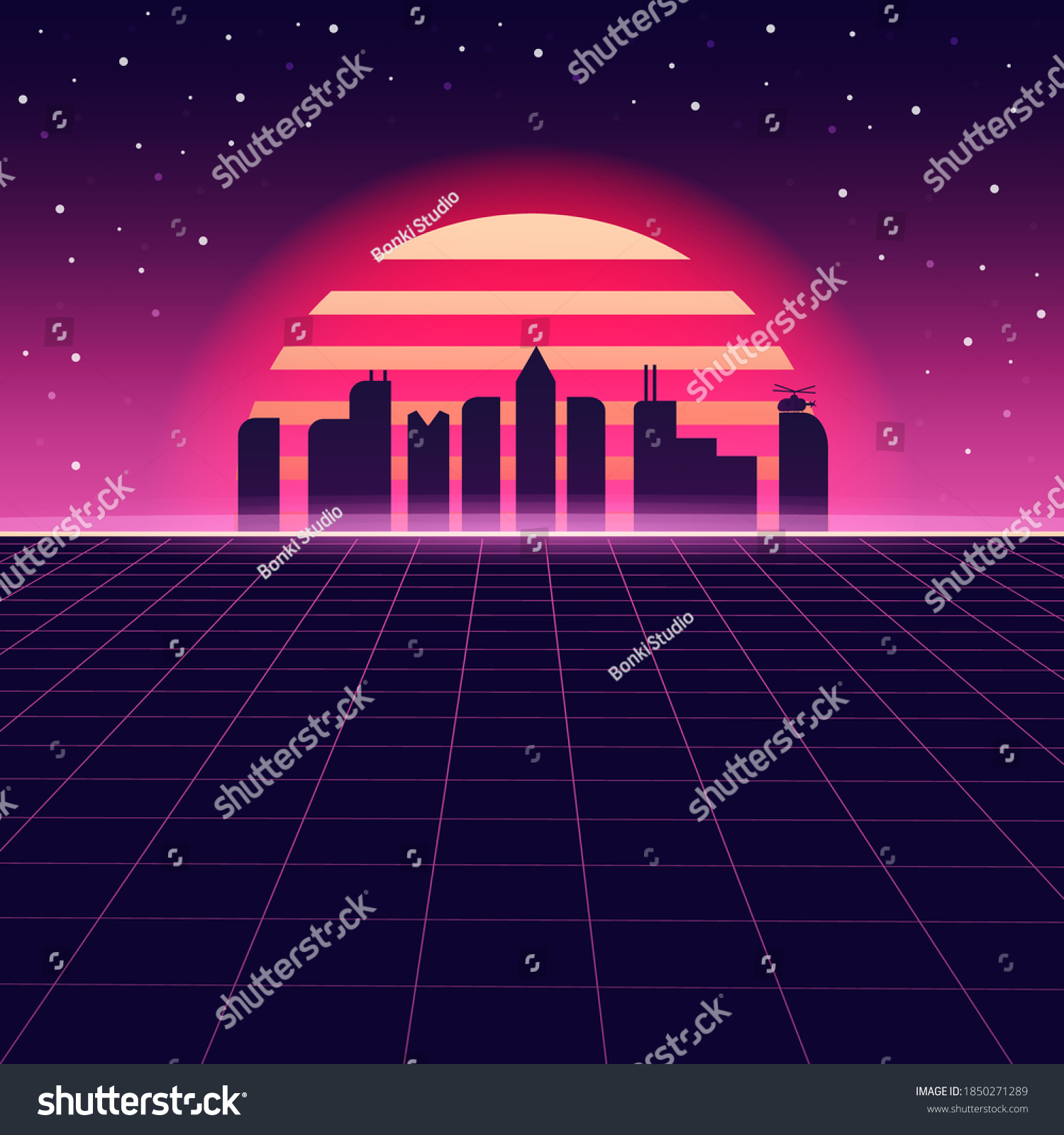 Cyberpunk 80s Neon City Night Sun Stock Vector (Royalty Free ...