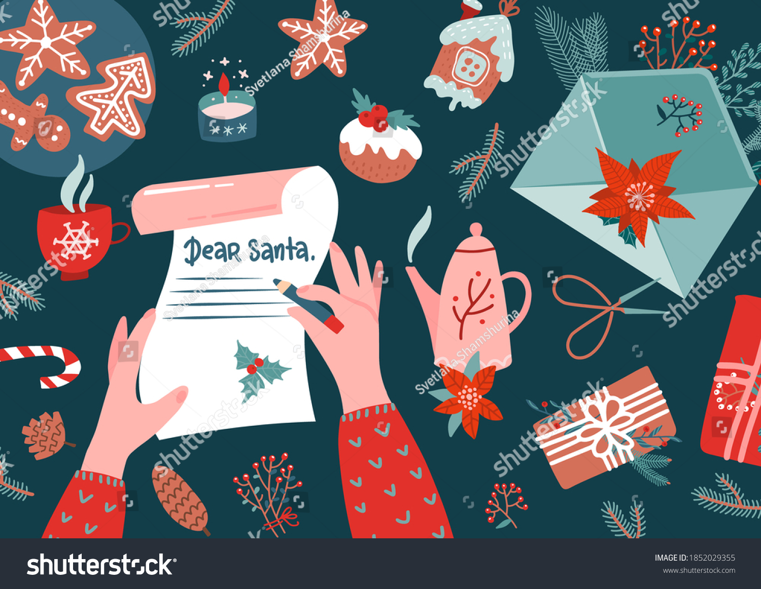 Character Hands Pen Writing Letter Santa Stock Vector (Royalty Free ...