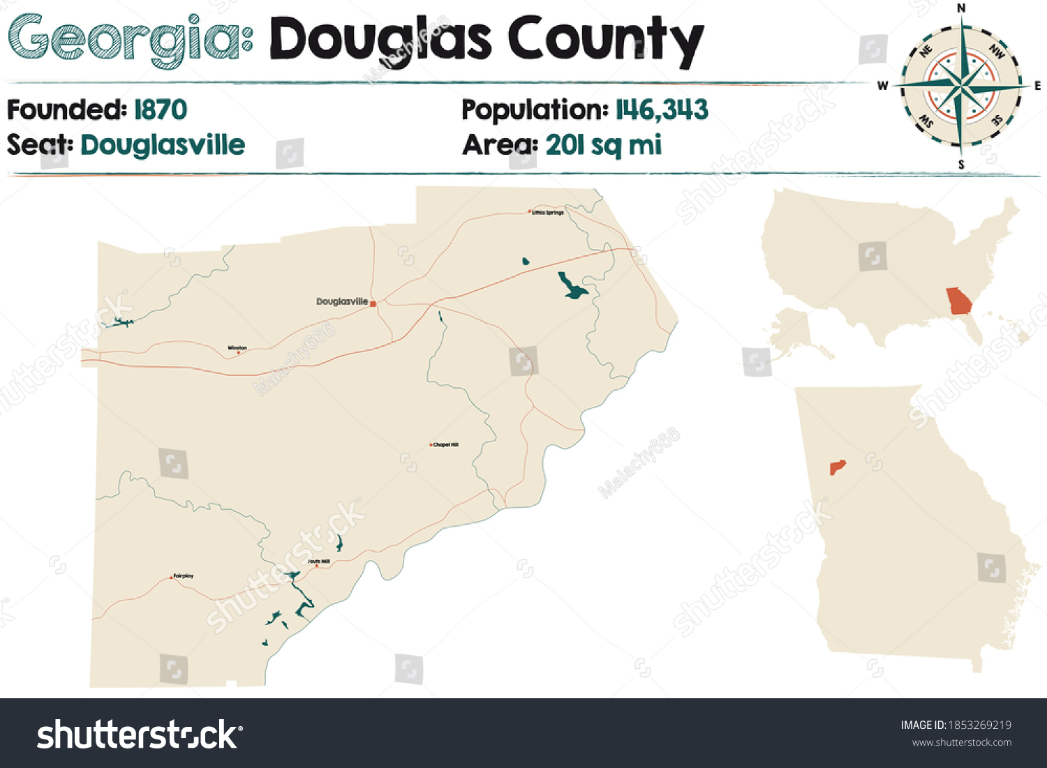 Large Detailed Map Douglas County Georgia Stock Vector (Royalty Free ...