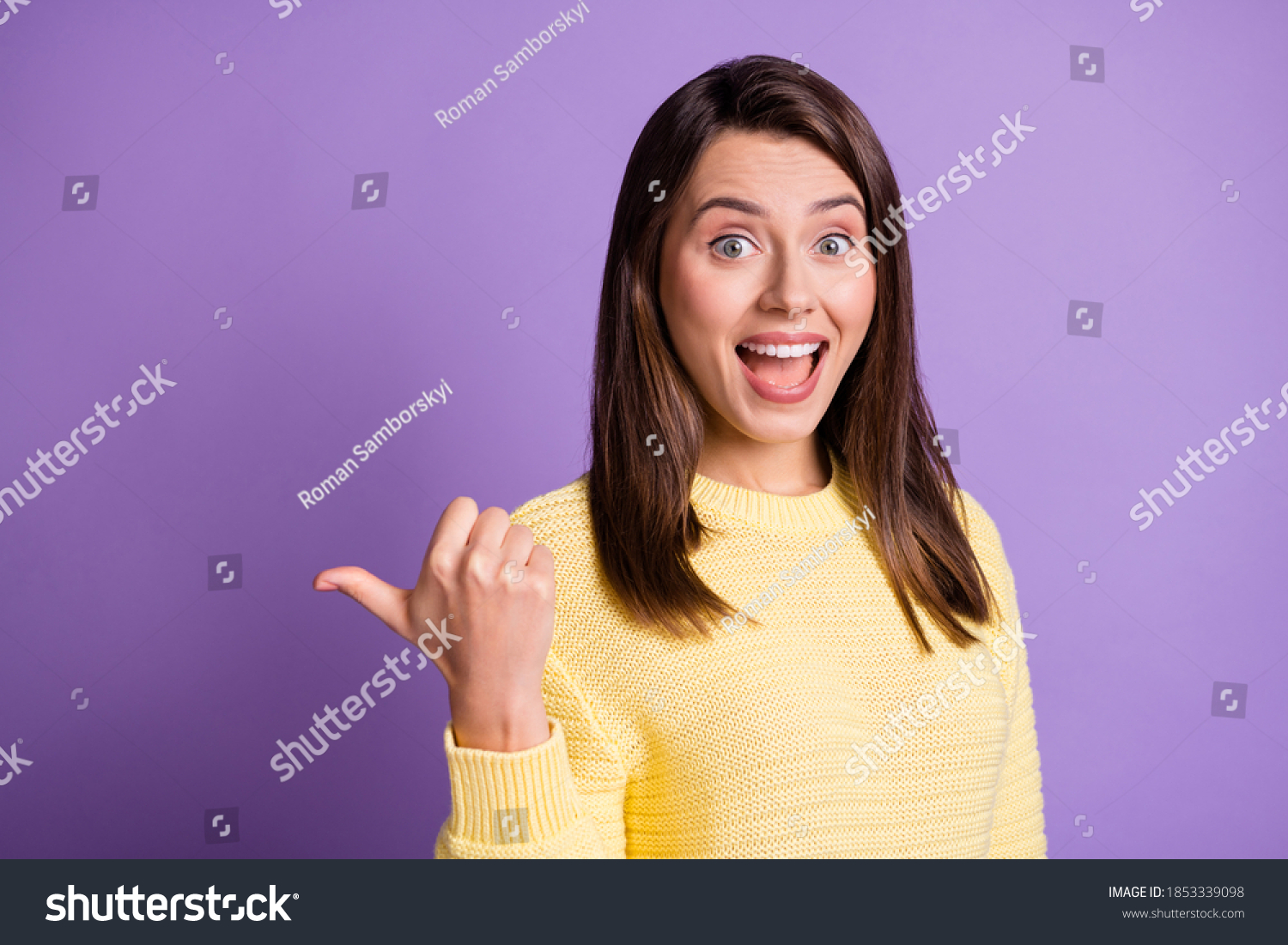 Photo Portrait Astonished Woman Pointing Thumb Stock Photo 1853339098 ...