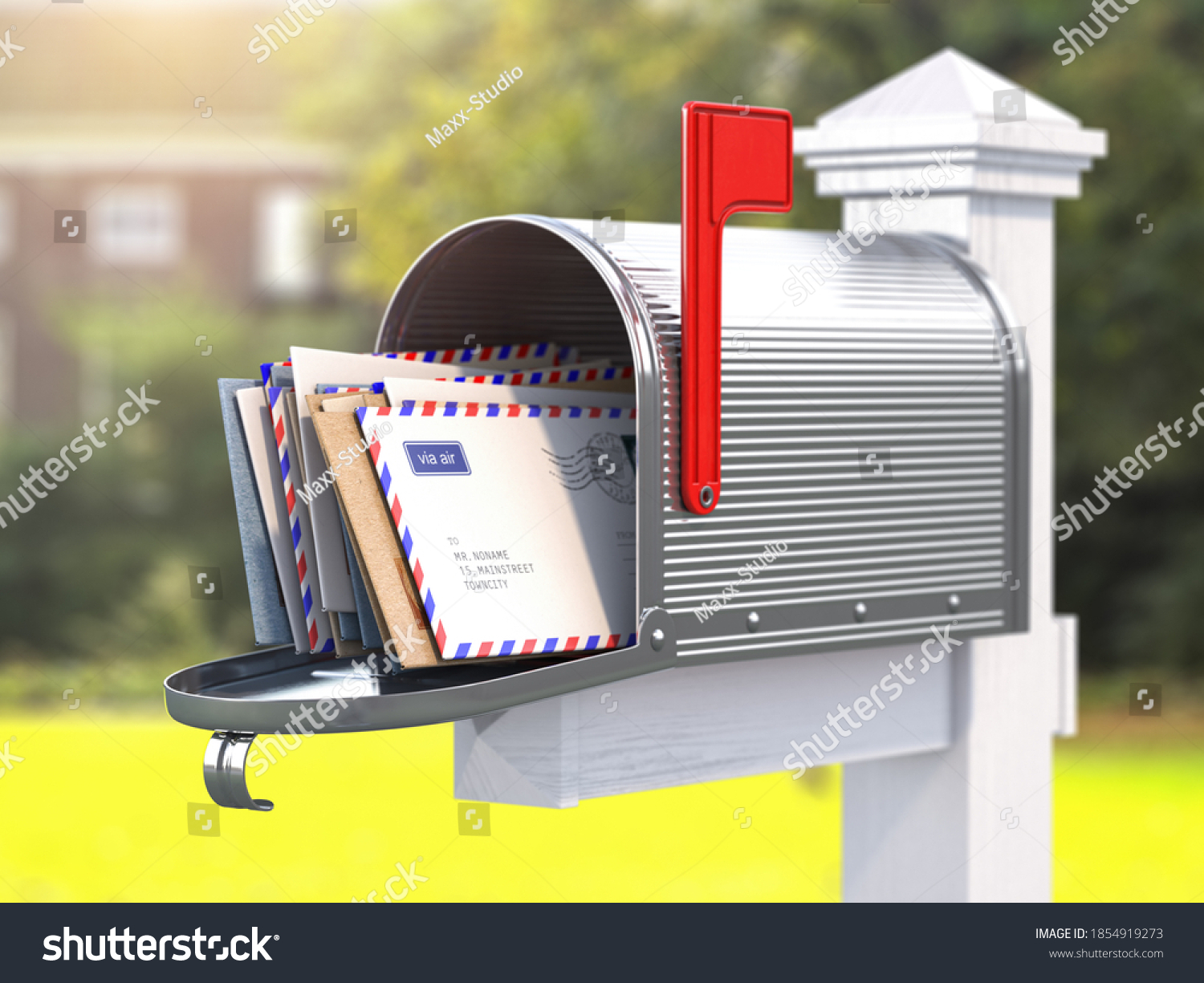 7 085 Mailboxes Flags Images Stock Photos Vectors Shutterstock   Stock Photo Open Mailbox With Letters On Rural Backgound D Illustration 1854919273 