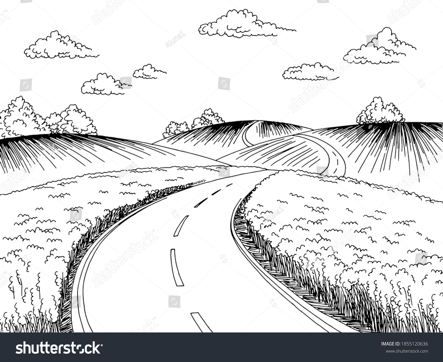 Rural Road Graphic Black White Landscape Stock Vector (Royalty Free ...