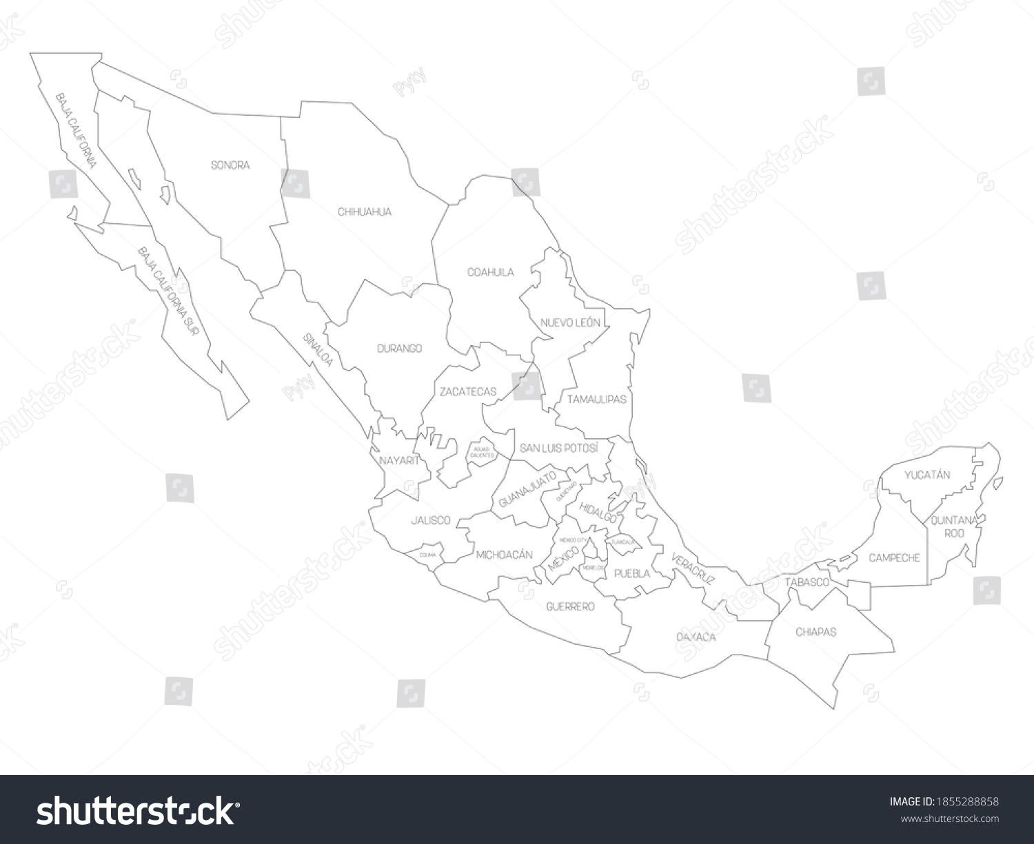 Black Outline Political Map Mexico Administrative Stock Vector (Royalty ...