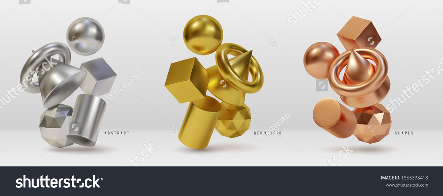 Metal Geometric Shapes Compositions 3d Simple Stock Vector (Royalty