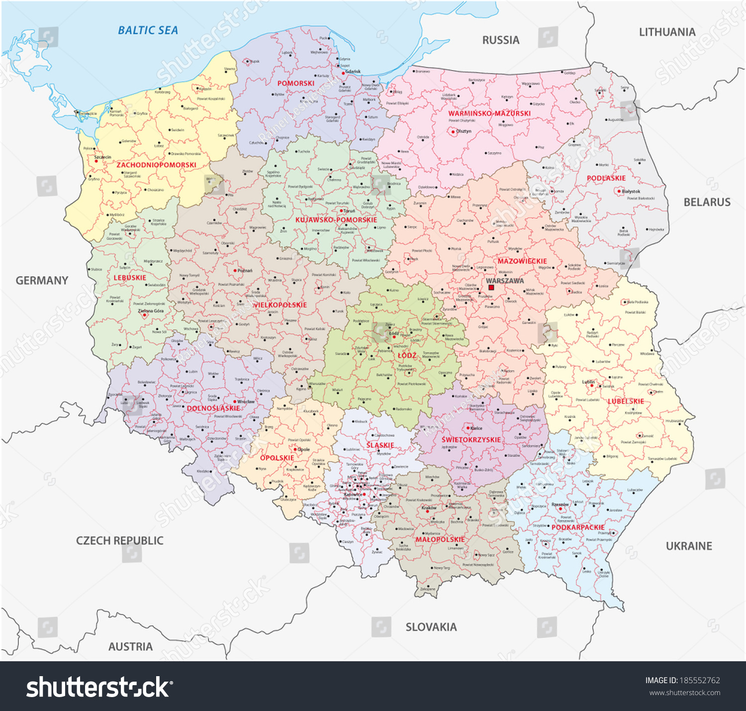 Poland Administrative Map Stock Vector (Royalty Free) 185552762 ...