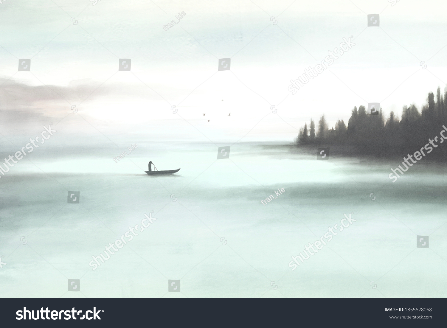 illustration of man paddling in a calm mystic minimal surreal lake
