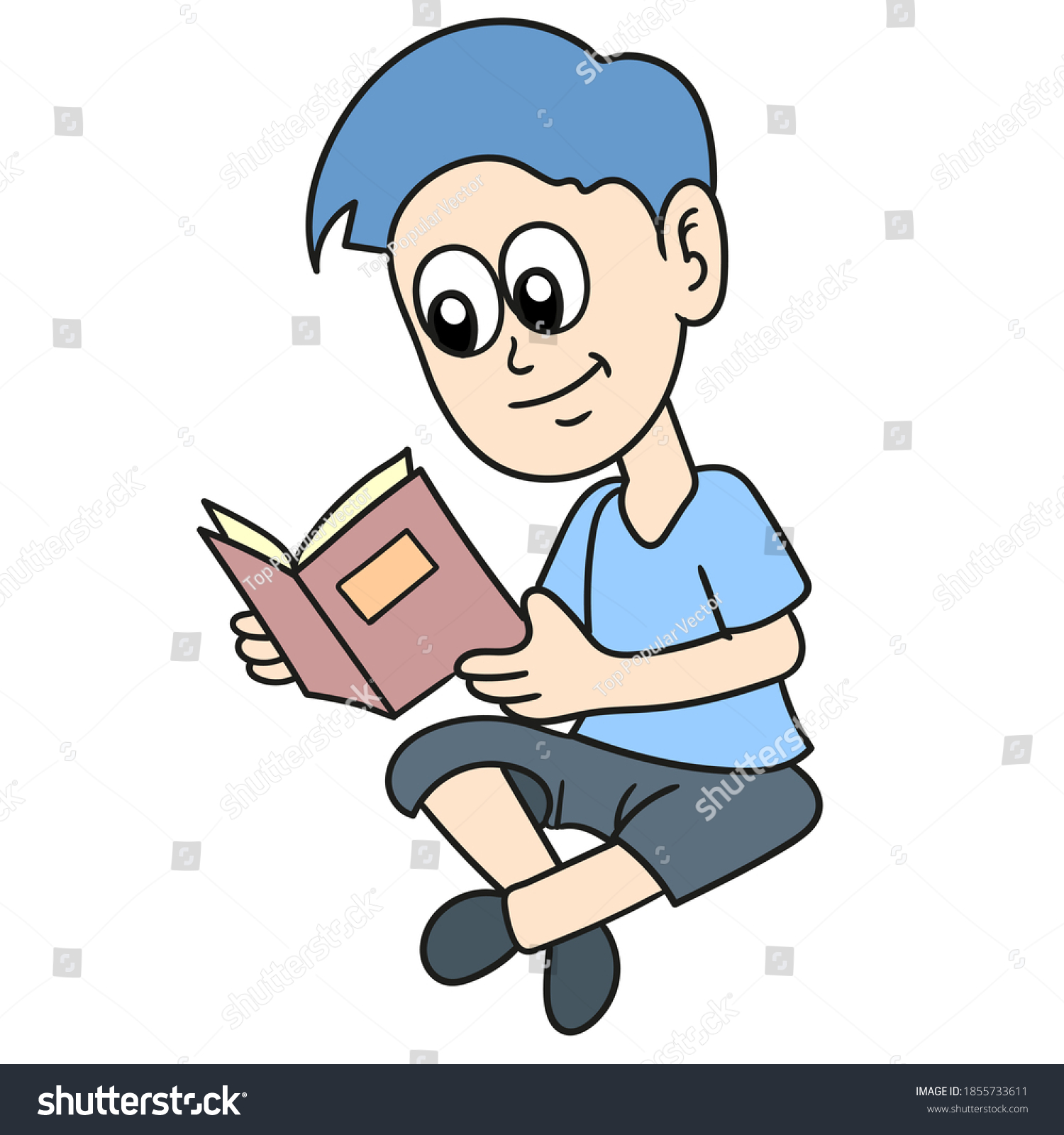 Boy Sitting Reading Book Vector Illustration Stock Vector Royalty Free