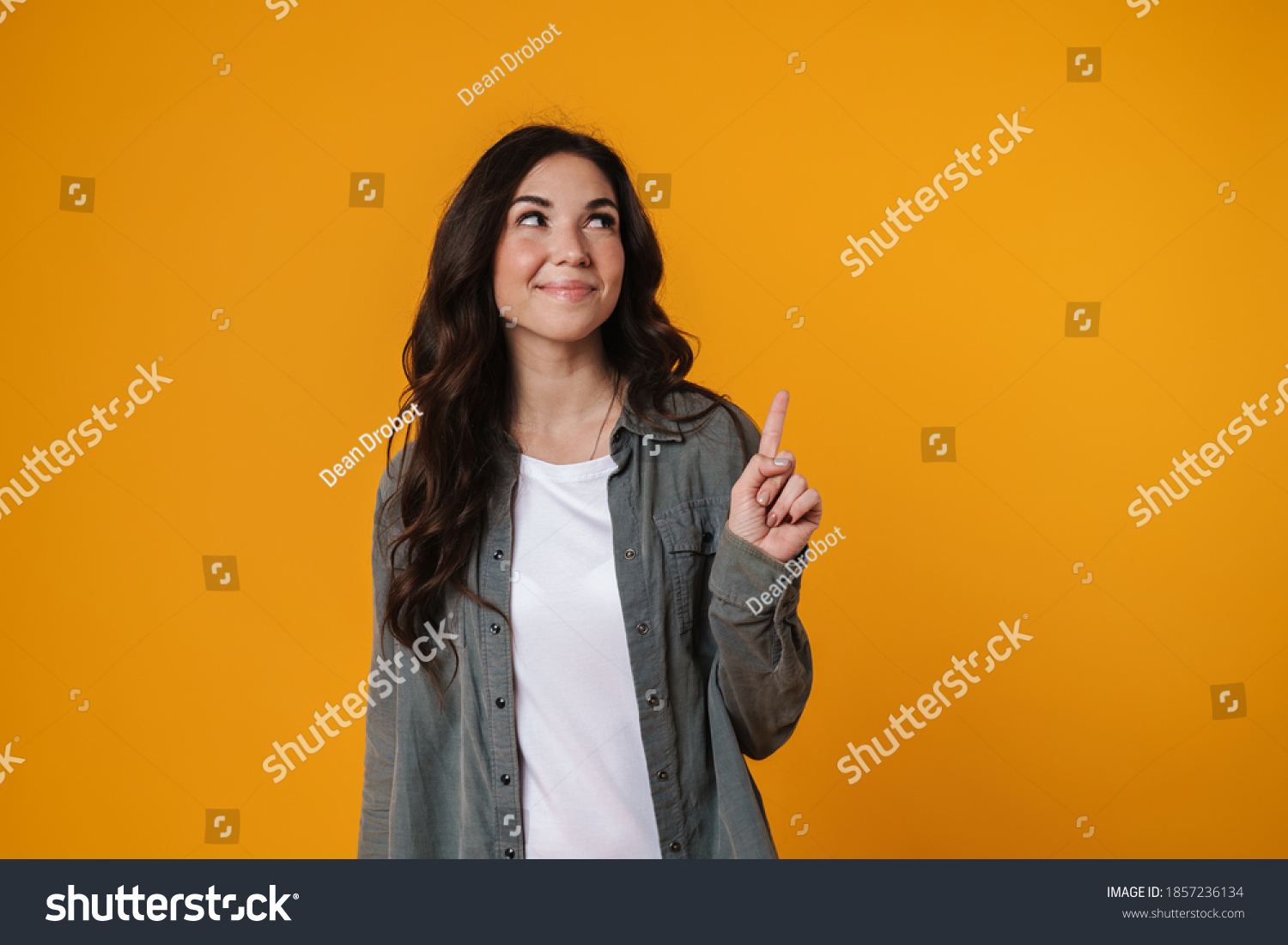 Cheerful Beautiful Girl Smiling Pointing Finger Stock Photo 1857236134 ...