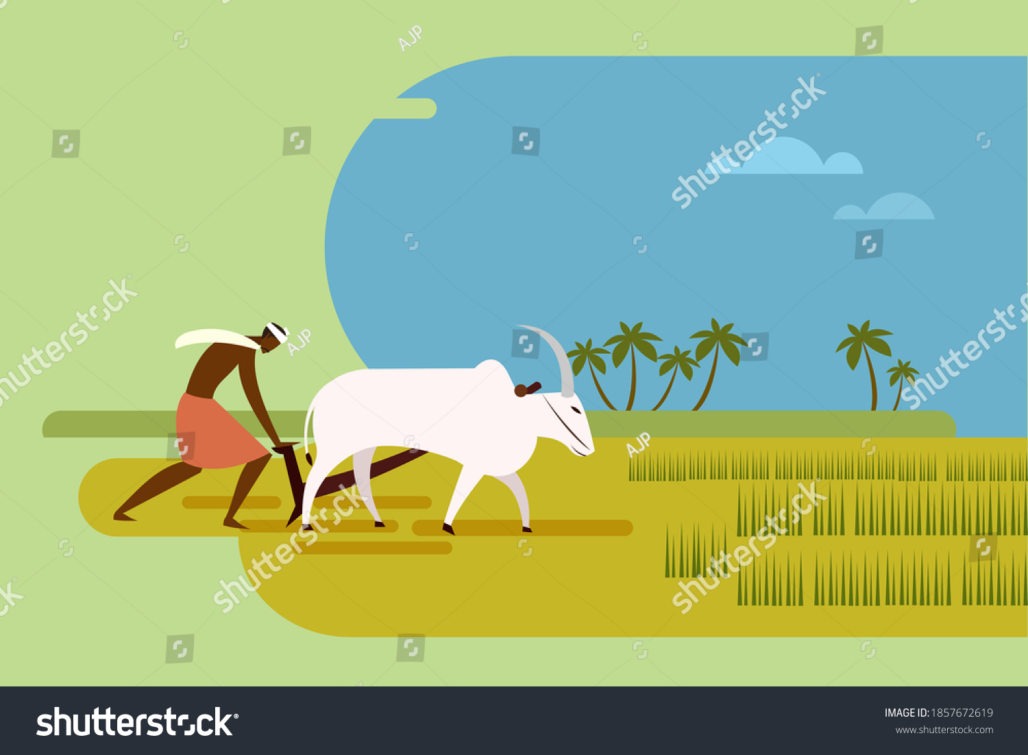 Indian Farmer Plows Paddy Field Using Stock Vector (Royalty Free ...