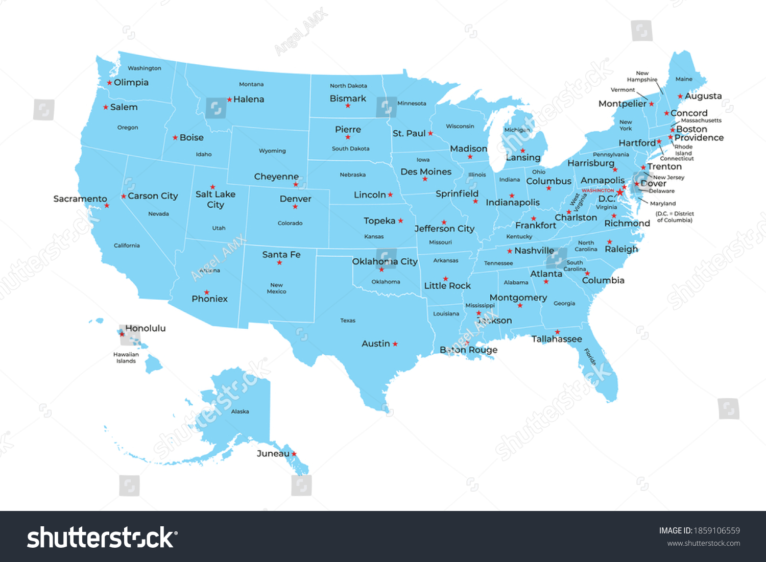 Map United States America States Capital Stock Vector Royalty Free Stock Vector Map Of United States Of America With States And Capital Cities Vector Illustrator 1859106559
