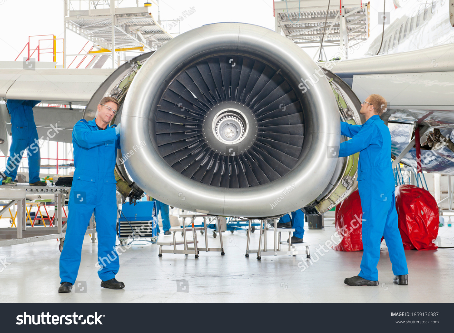 Full Shot Engineers Assembling Turbine Engine Stock Photo 1859176987 