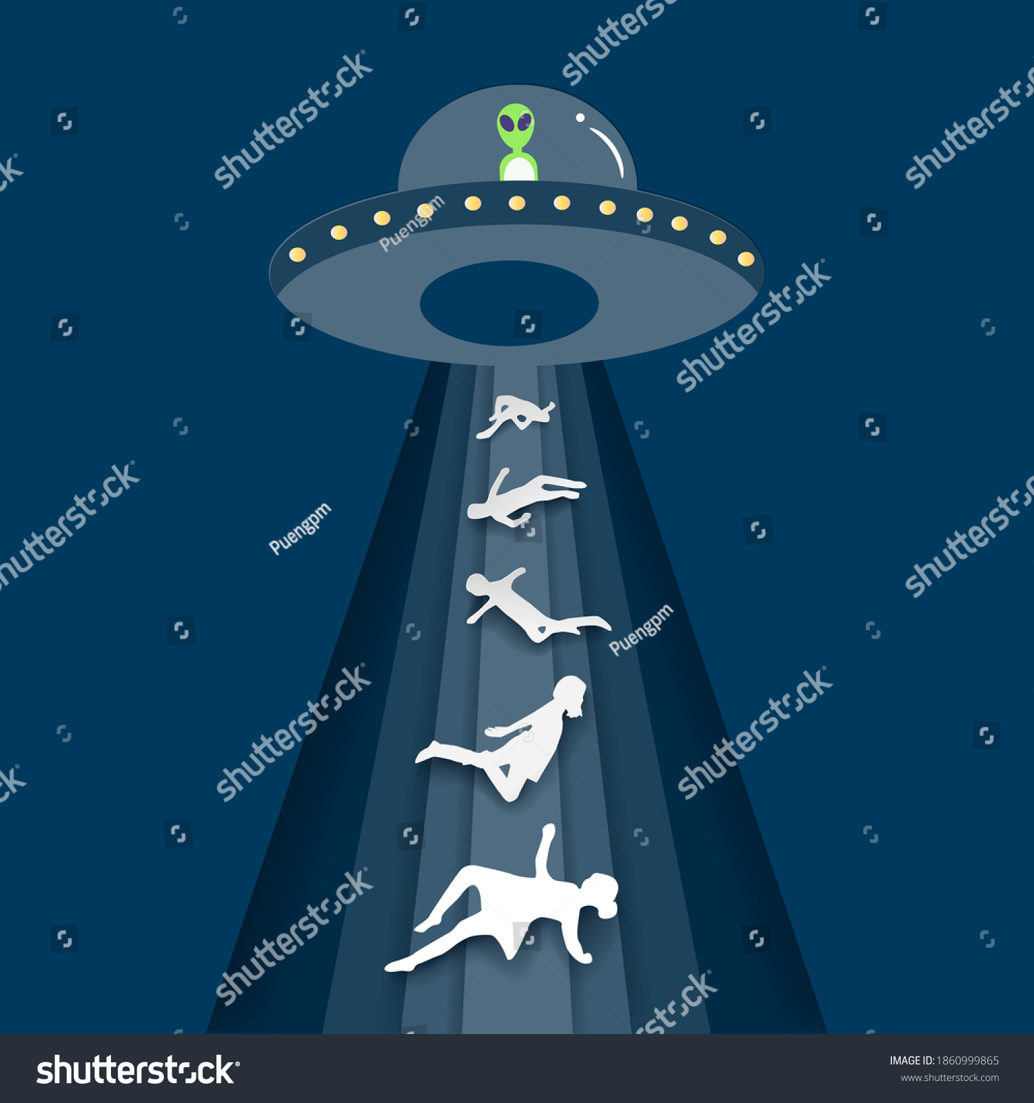 Paper Art Ufo Abducting People Spaceship Stock Vector (Royalty Free ...