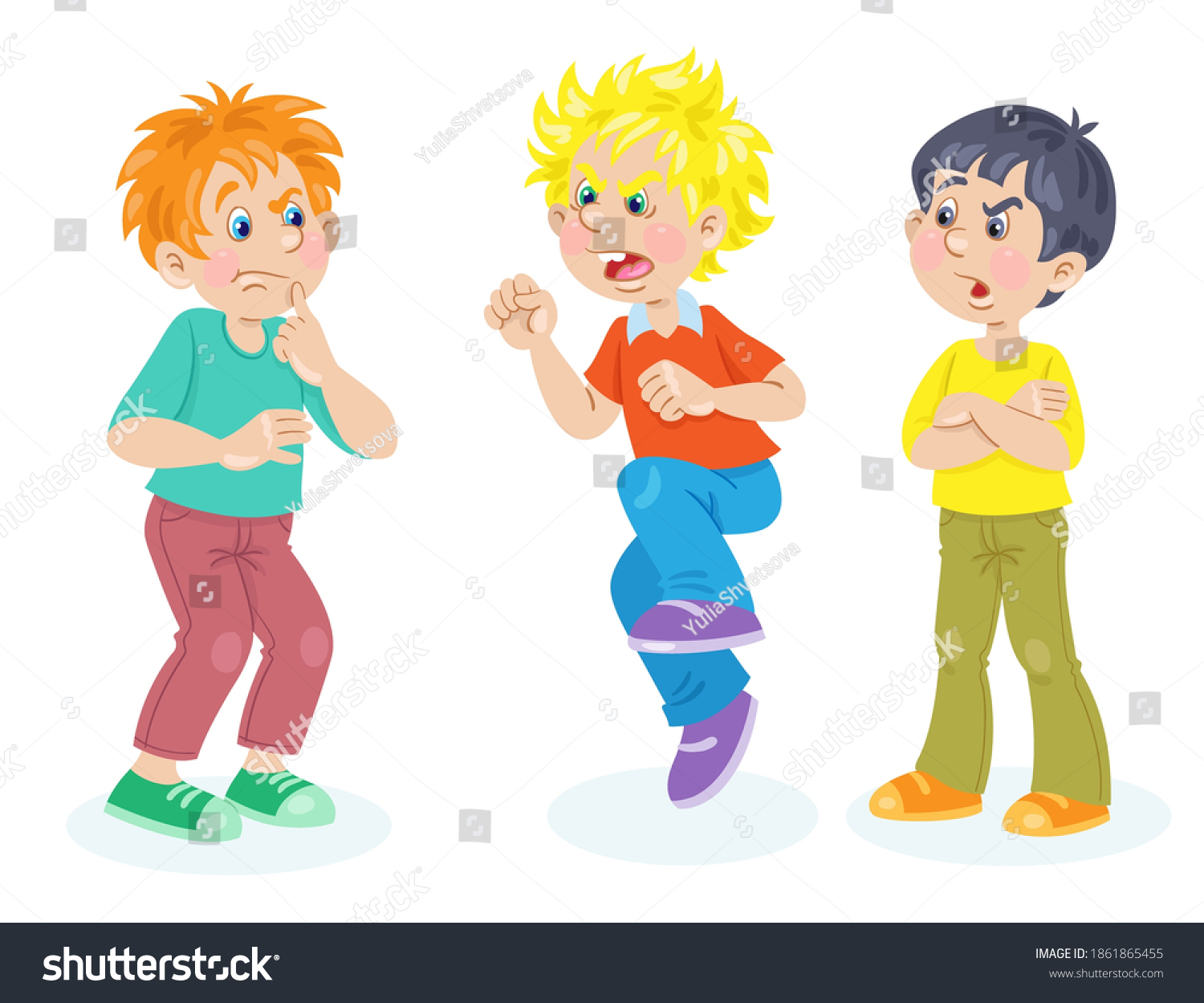 Children Emotions Conflicting Conversation Three Boys Stock Vector 