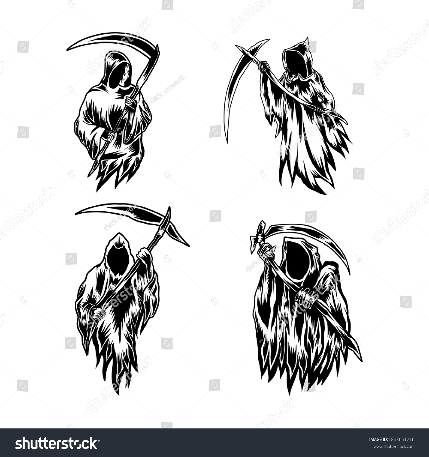 Grim Reaper Hand Drawn Set Stock Vector (Royalty Free) 1863661216 ...