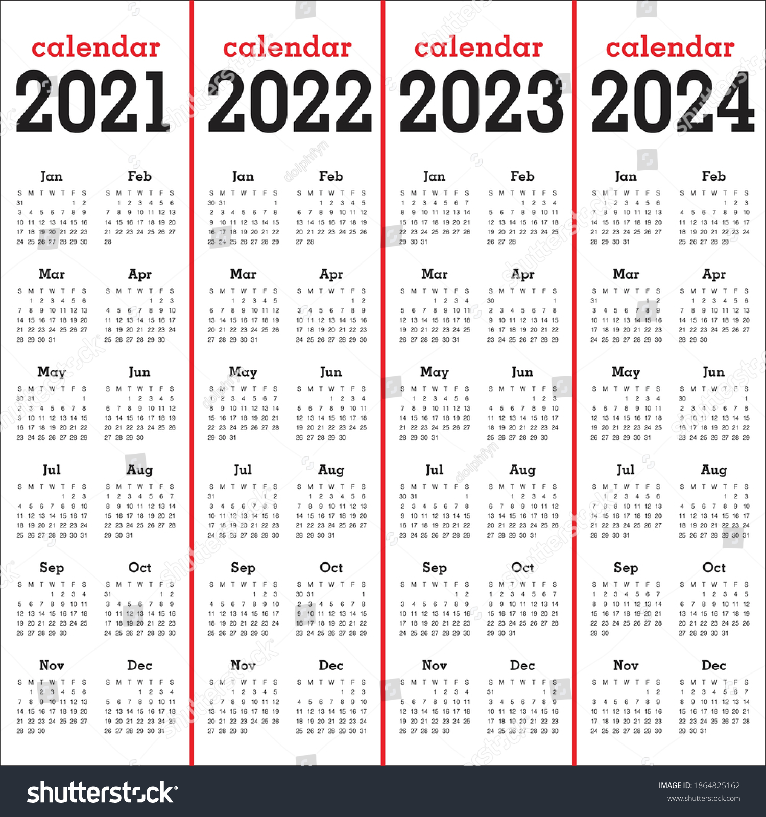 Year 2021 2022 2023 2024 Calendar Stock Vector (Royalty Free ...