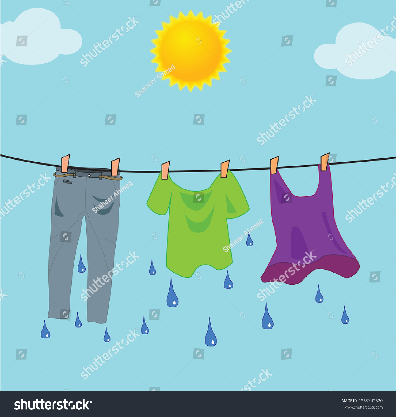 Wet Clothes Hanging On Rope Front Stock Vector (Royalty Free ...