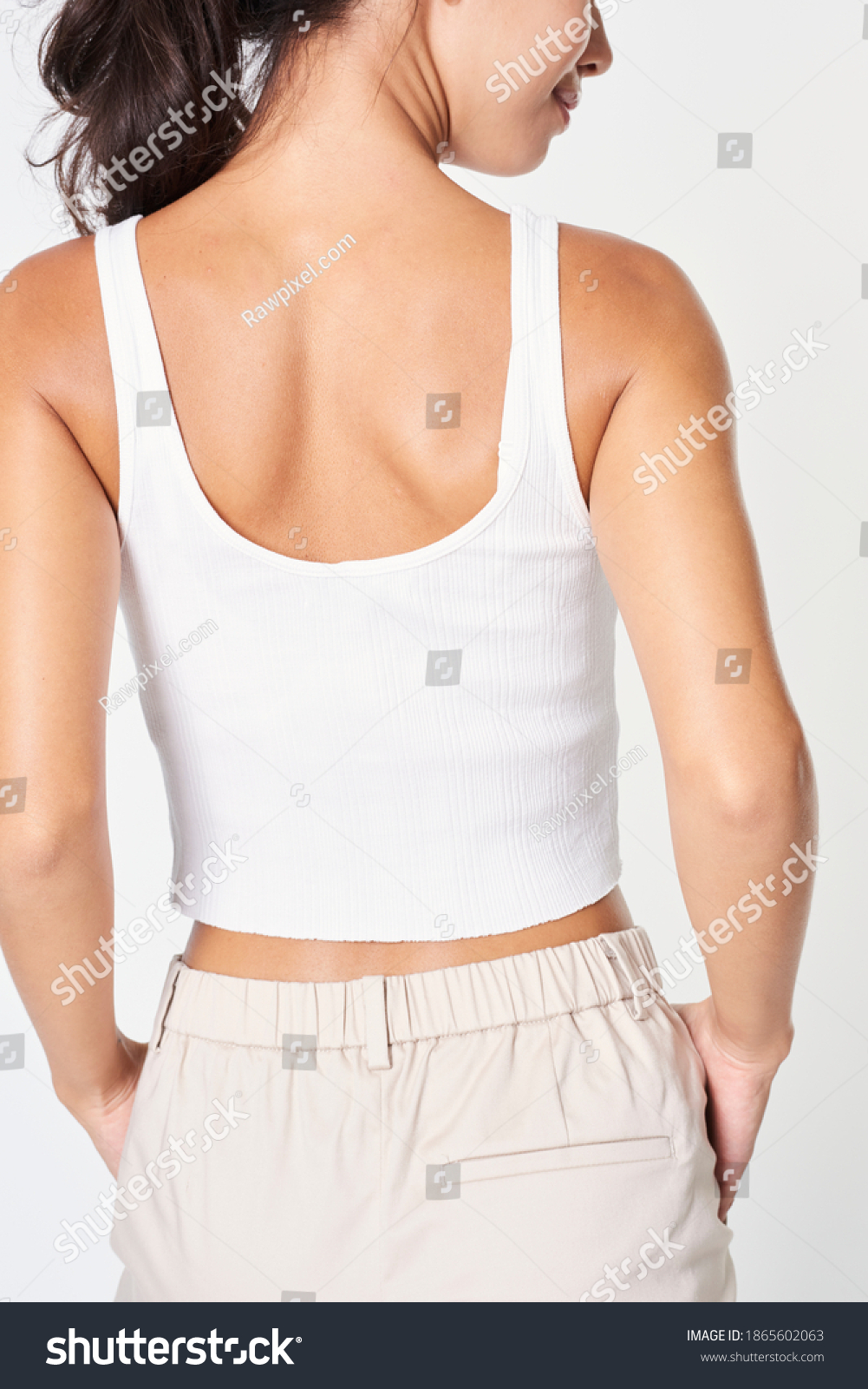 Woman Wearing White Cropped Top Mockup Stock Photo 1865602063